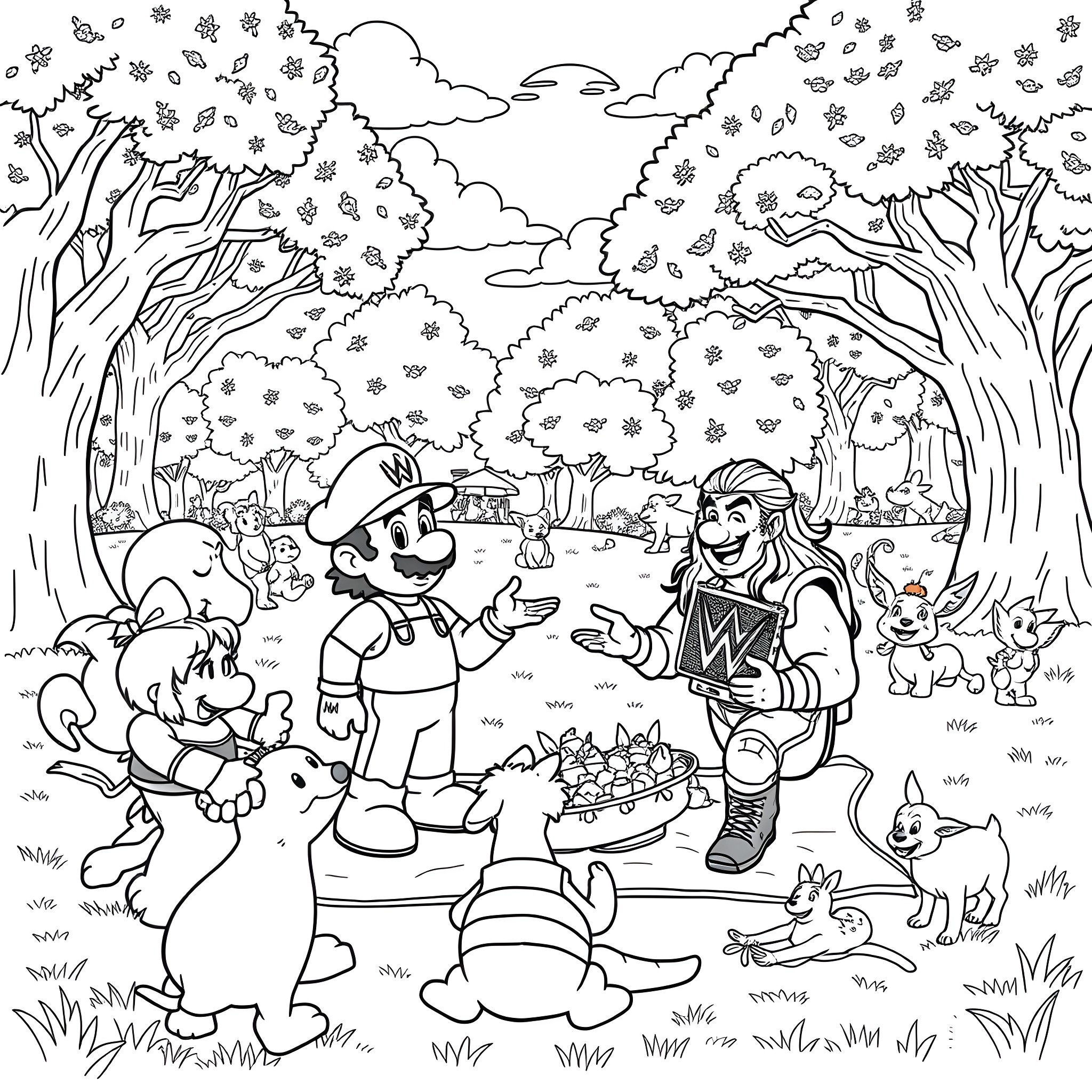 Character exploring a magical forest with animal friends Coloring Page (free black-and-white line drawing printable PDF for all, from beginners to advanced learners, including children, teens, adults, and seniors)