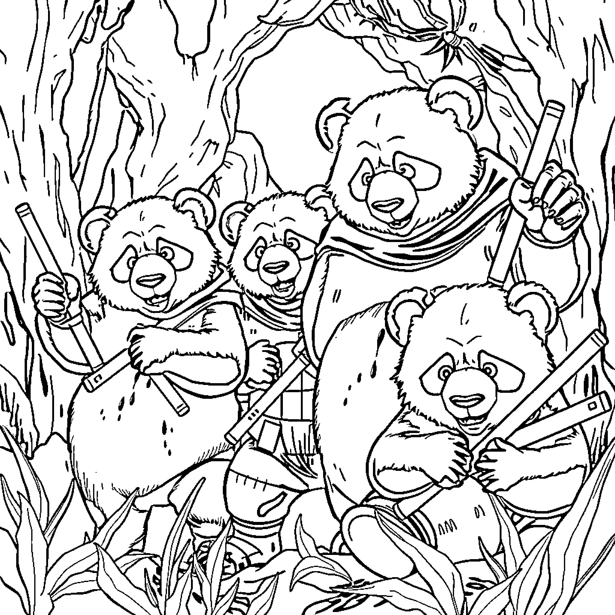 Panda family exploring the jungle together Coloring Page (free black-and-white line drawing printable PDF for all, from beginners to advanced learners, including children, teens, adults, and seniors)