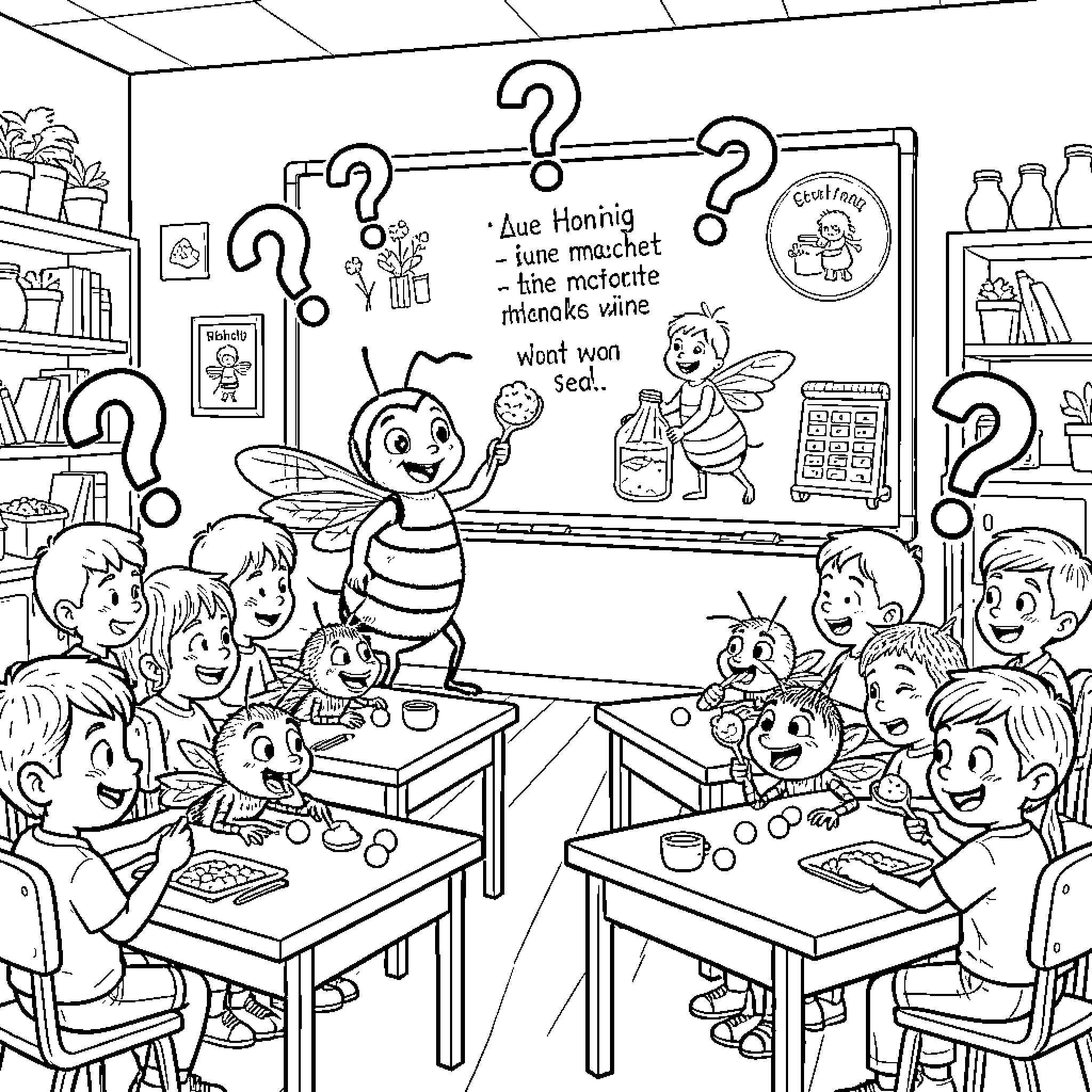 Bee Buzzing and Educating Students in the Classroom Coloring Page (free black-and-white line drawing printable PDF for all, from beginners to advanced learners, including children, teens, adults, and seniors)