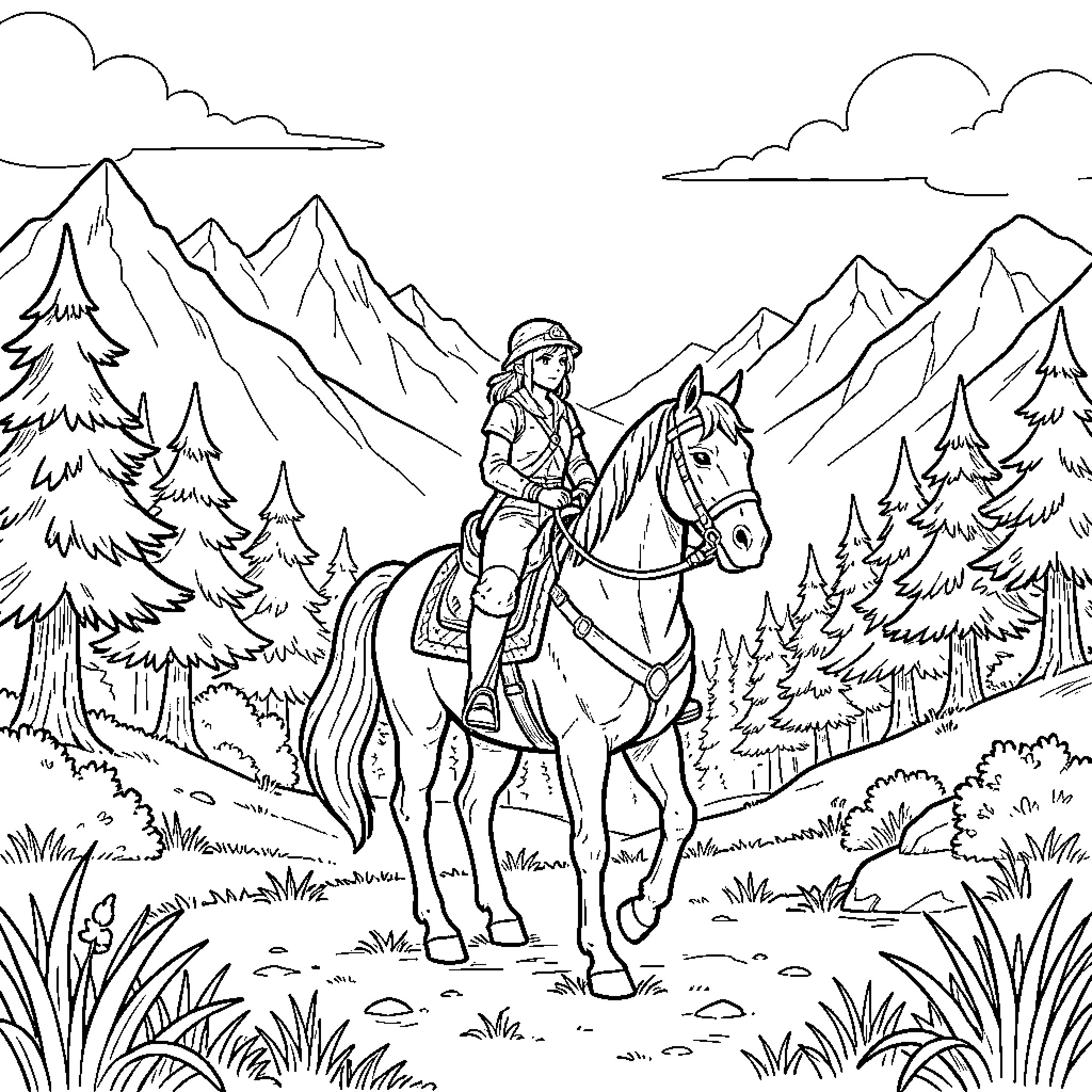 Link riding a horse through a mountain landscape Coloring Page (free black-and-white line drawing printable PDF for all, from beginners to advanced learners, including children, teens, adults, and seniors)