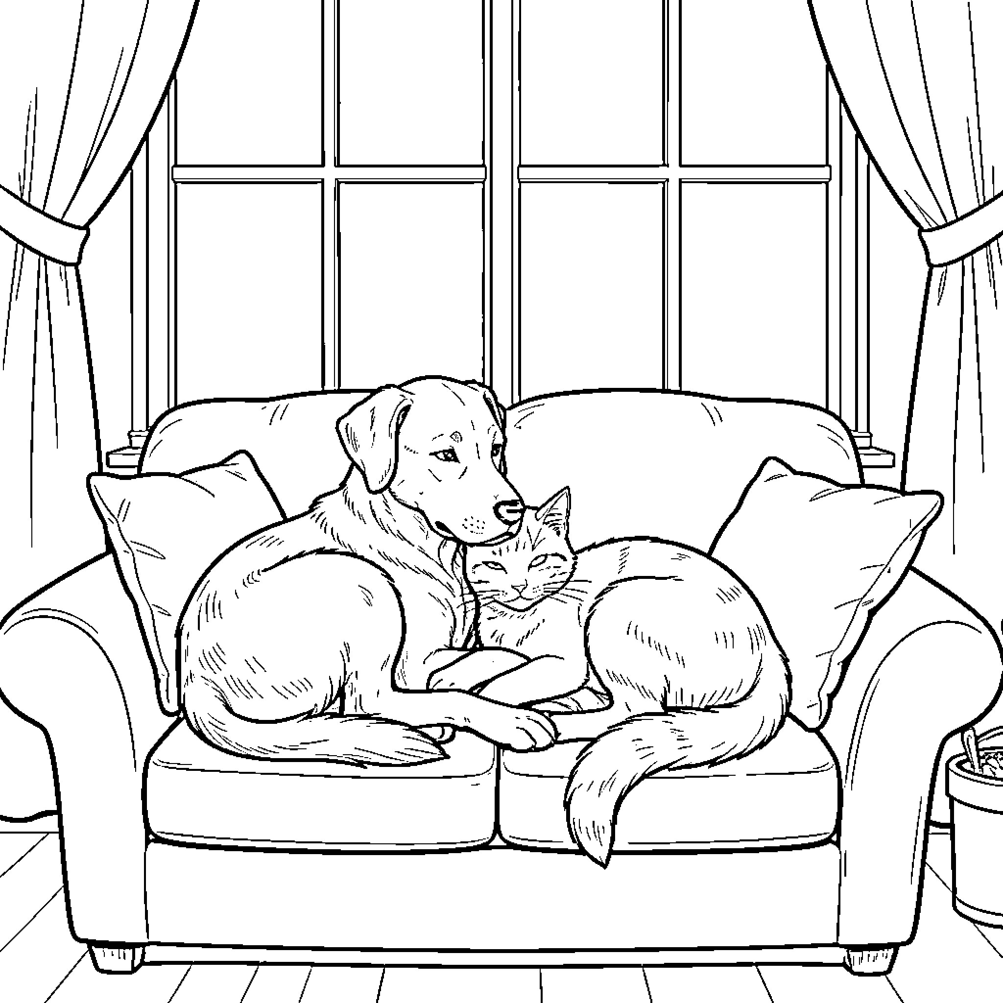 Dog and cat cuddling together on a sofa Coloring Page (free black-and-white line drawing printable PDF for all, from beginners to advanced learners, including children, teens, adults, and seniors)