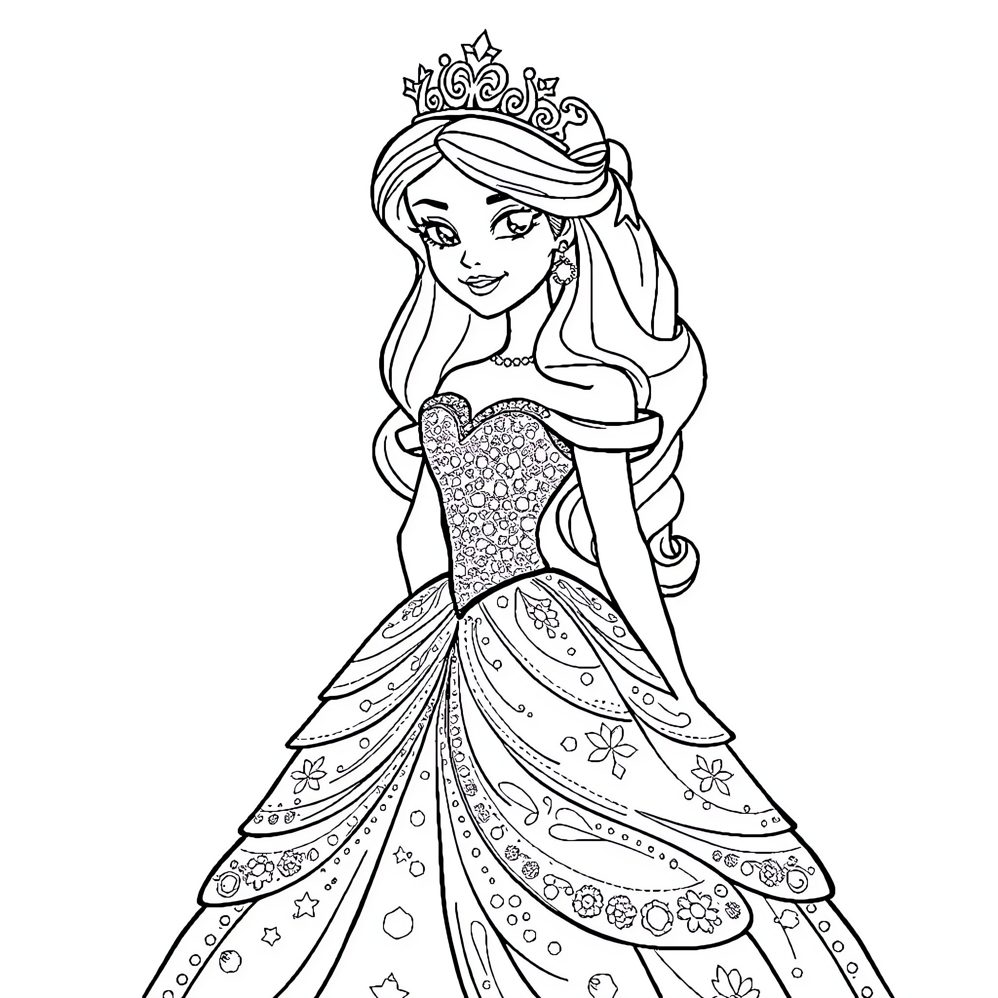 Princess in Elaborate Gown and Crown Coloring Page (free black-and-white line drawing printable PDF for all, from beginners to advanced learners, including children, teens, adults, and seniors)