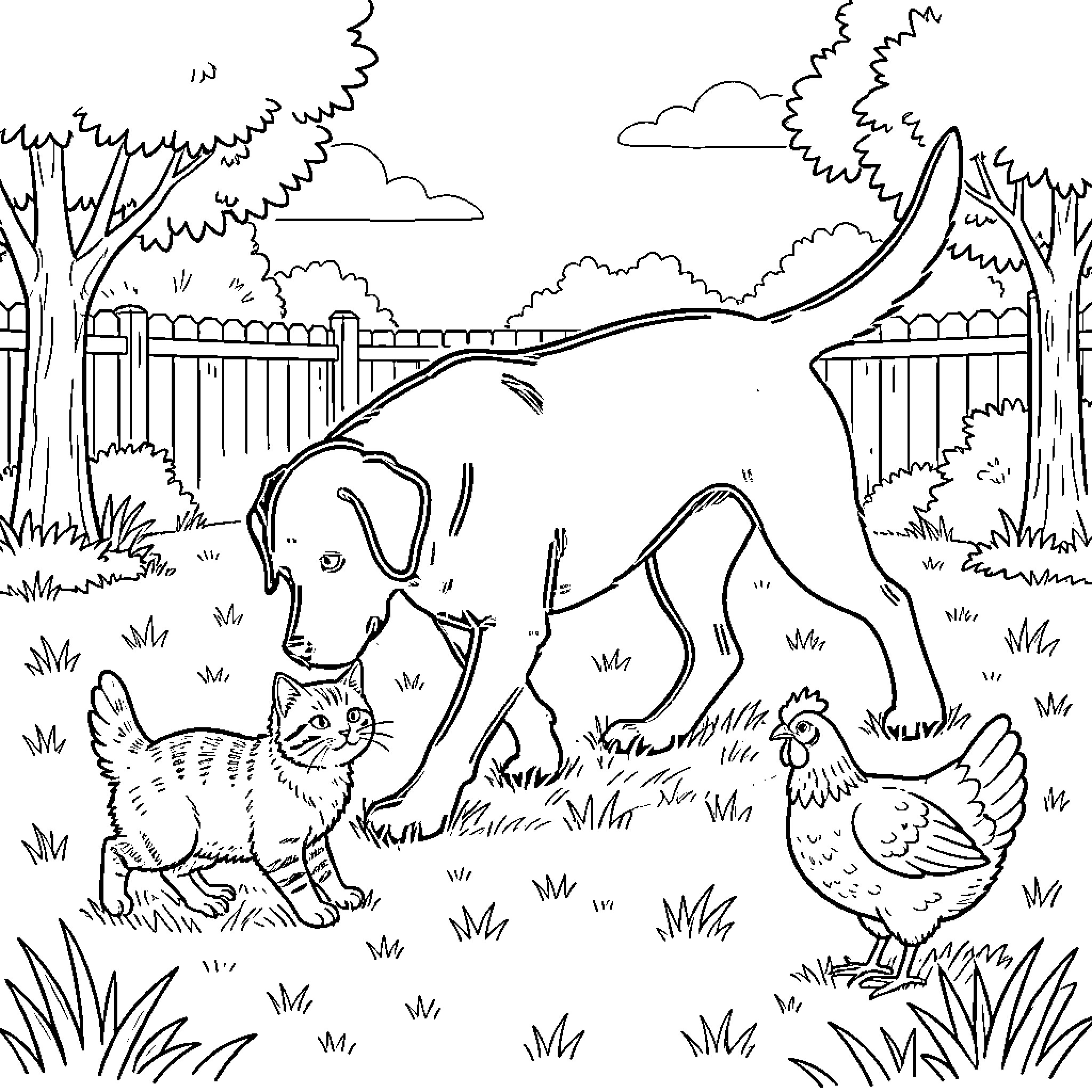 Labrador interacting with a kitten and a chicken Coloring Page (free black-and-white line drawing printable PDF for all, from beginners to advanced learners, including children, teens, adults, and seniors)
