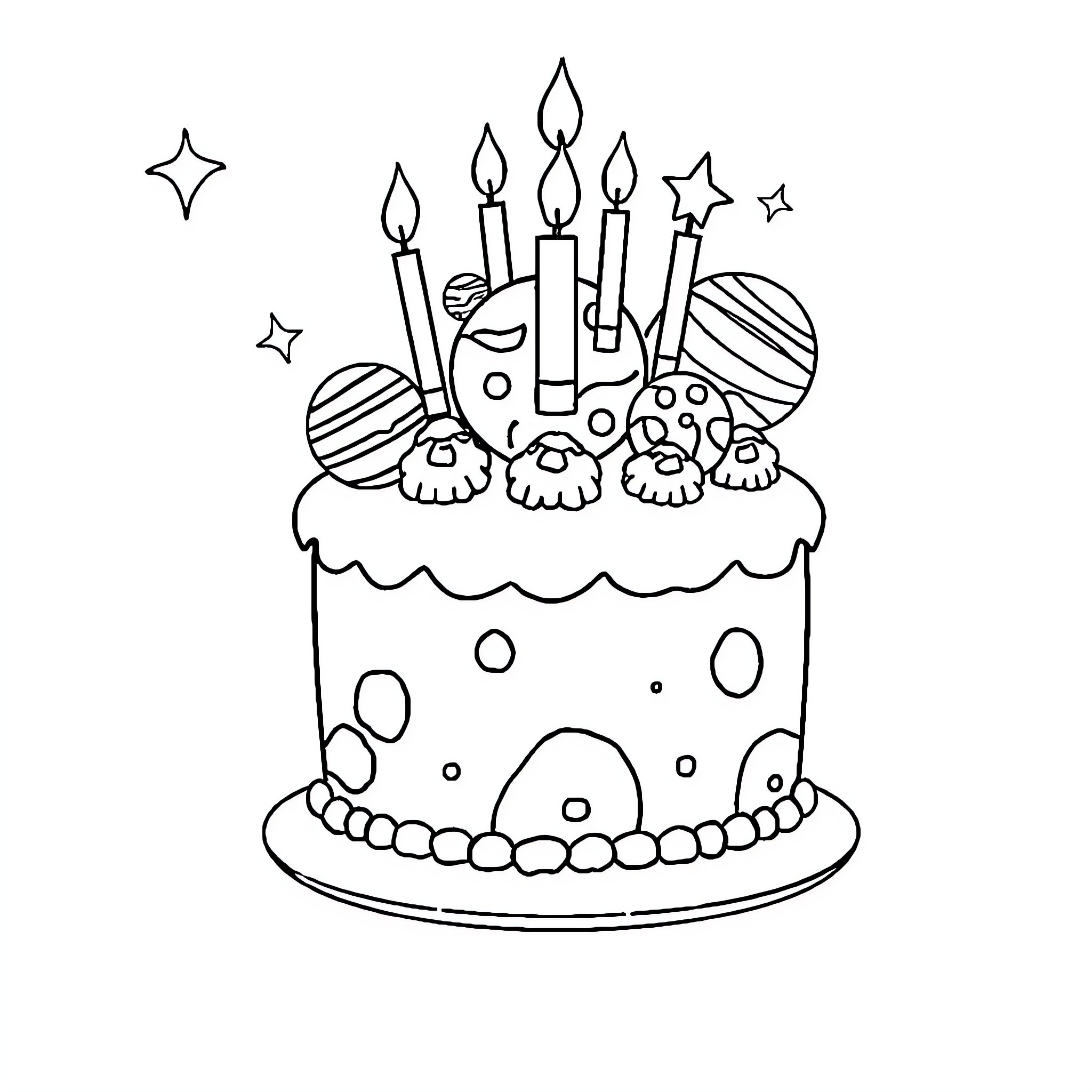 Planet Festive Birthday Cake with Candles Coloring Page (free black-and-white line drawing printable PDF for all, from beginners to advanced learners, including children, teens, adults, and seniors)