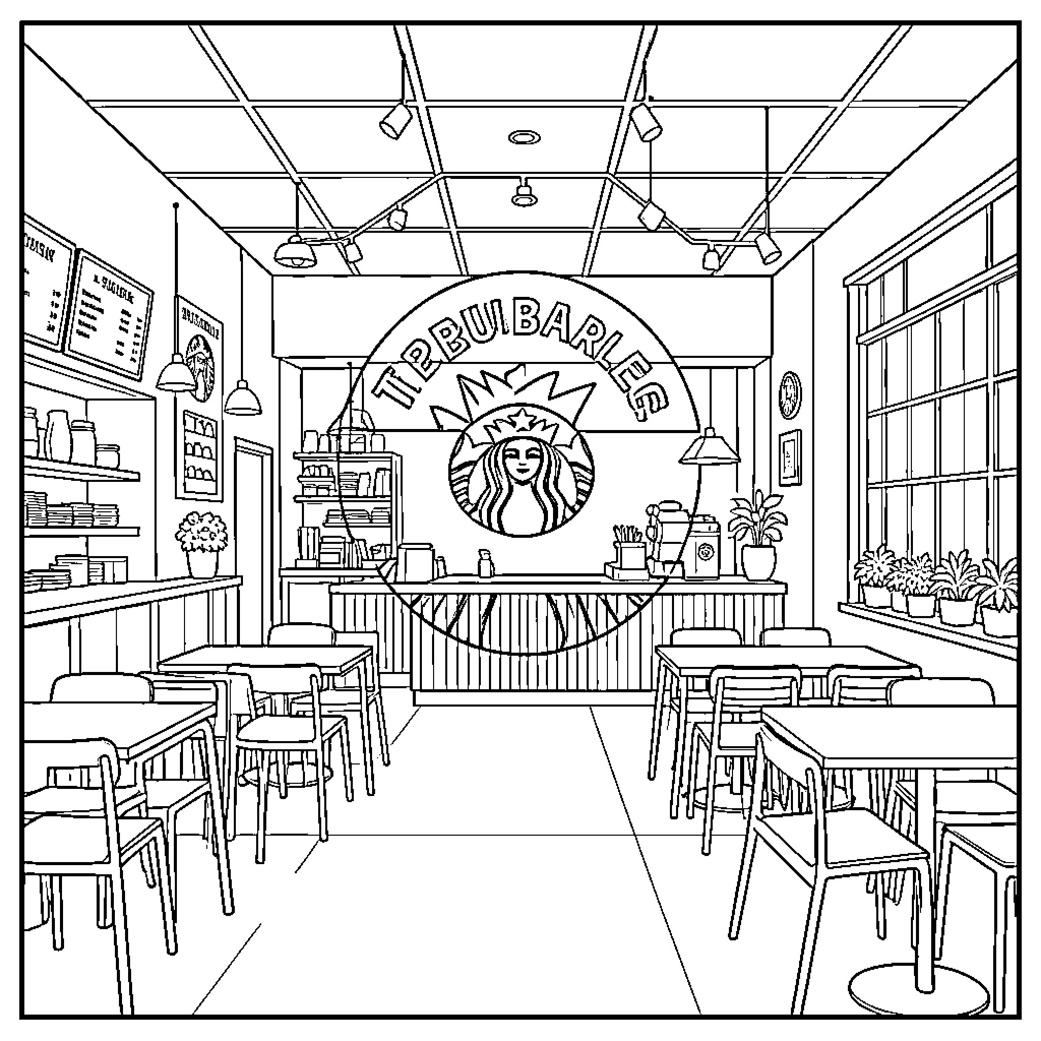 Starbucks cafe interior with tables and seating area Coloring Page (free black-and-white line drawing printable PDF for all, from beginners to advanced learners, including children, teens, adults, and seniors)