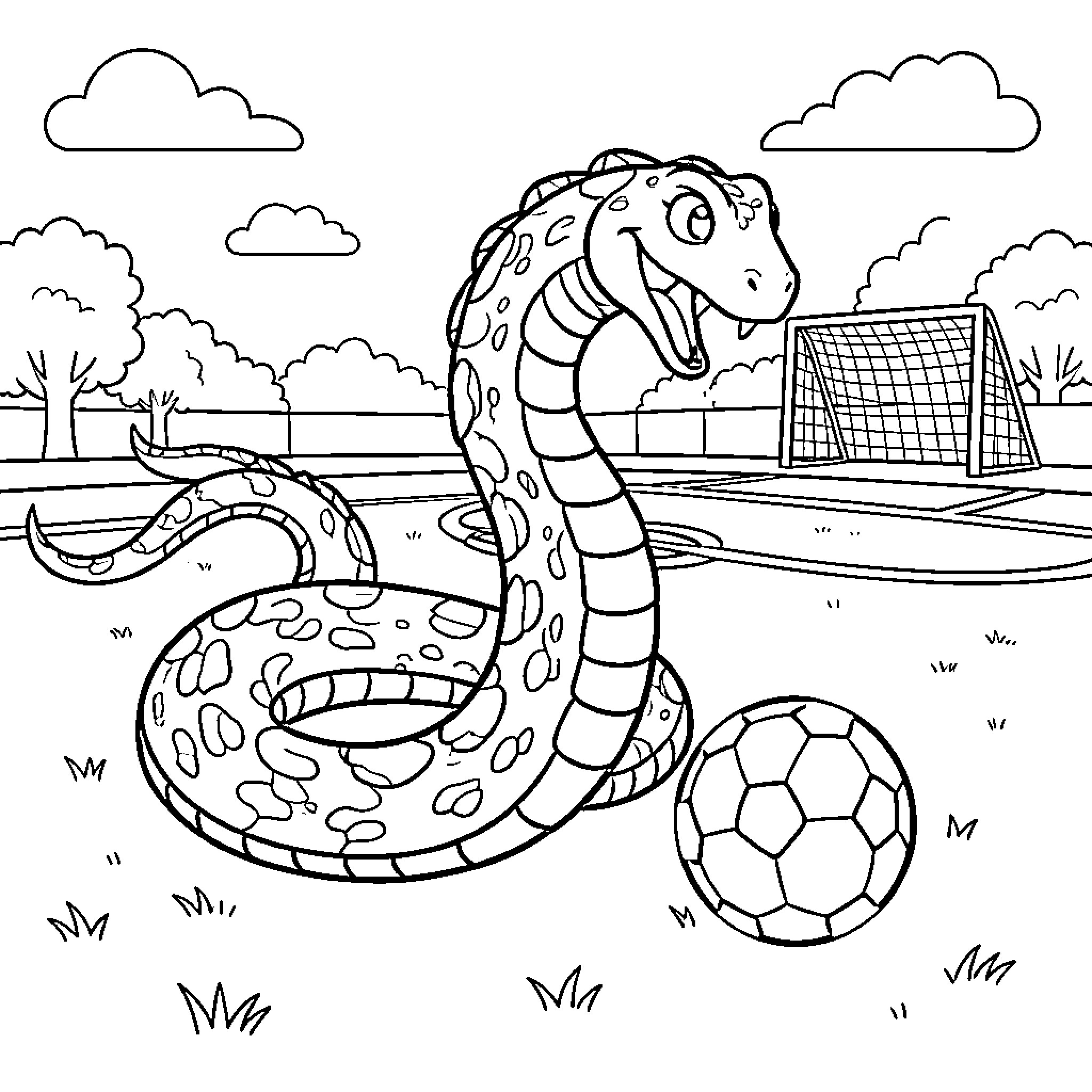Snake playing with soccer ball on the field Coloring Page (free black-and-white line drawing printable PDF for all, from beginners to advanced learners, including children, teens, adults, and seniors)