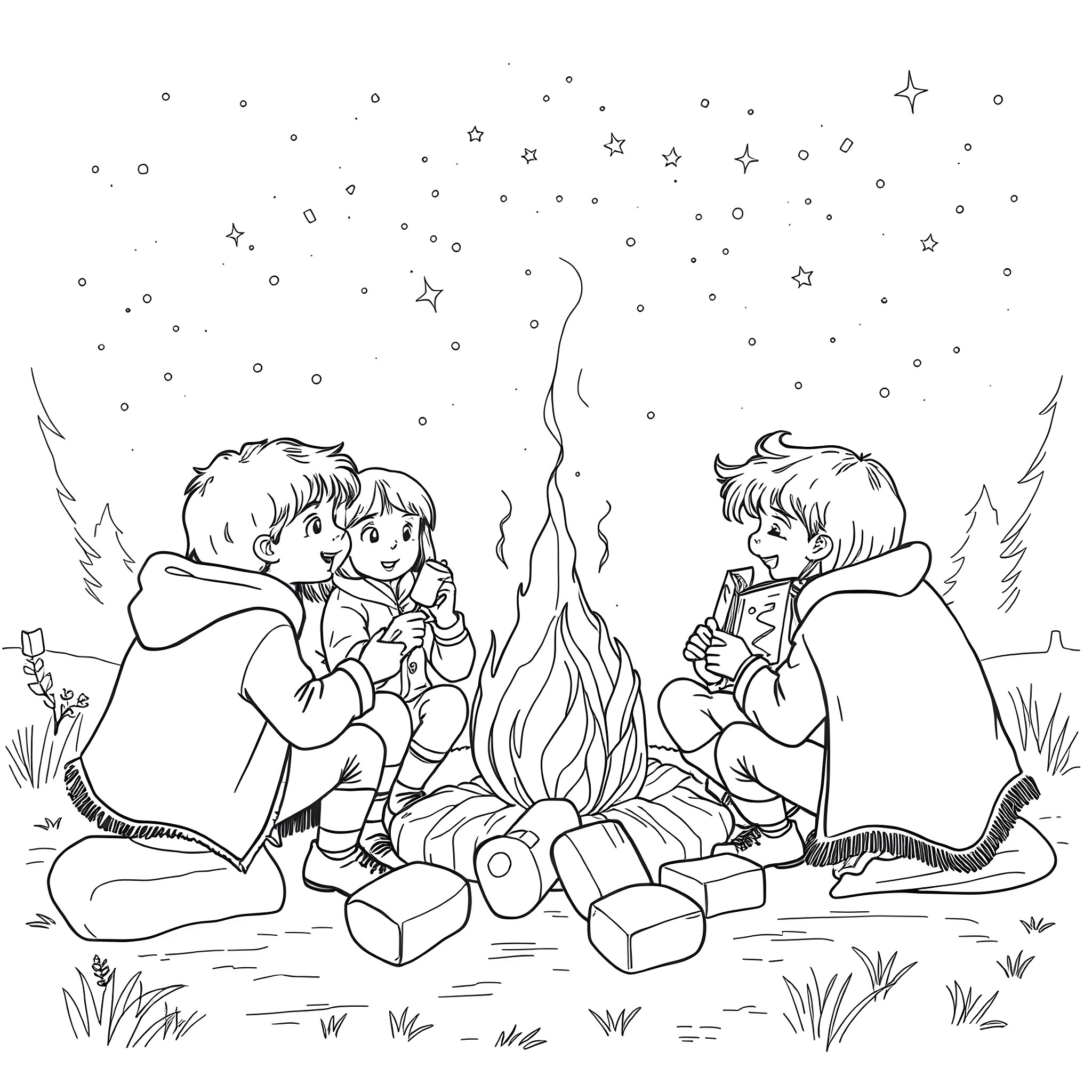 Kids enjoying a cozy night by the campfire Coloring Page (free black-and-white line drawing printable PDF for all, from beginners to advanced learners, including children, teens, adults, and seniors)