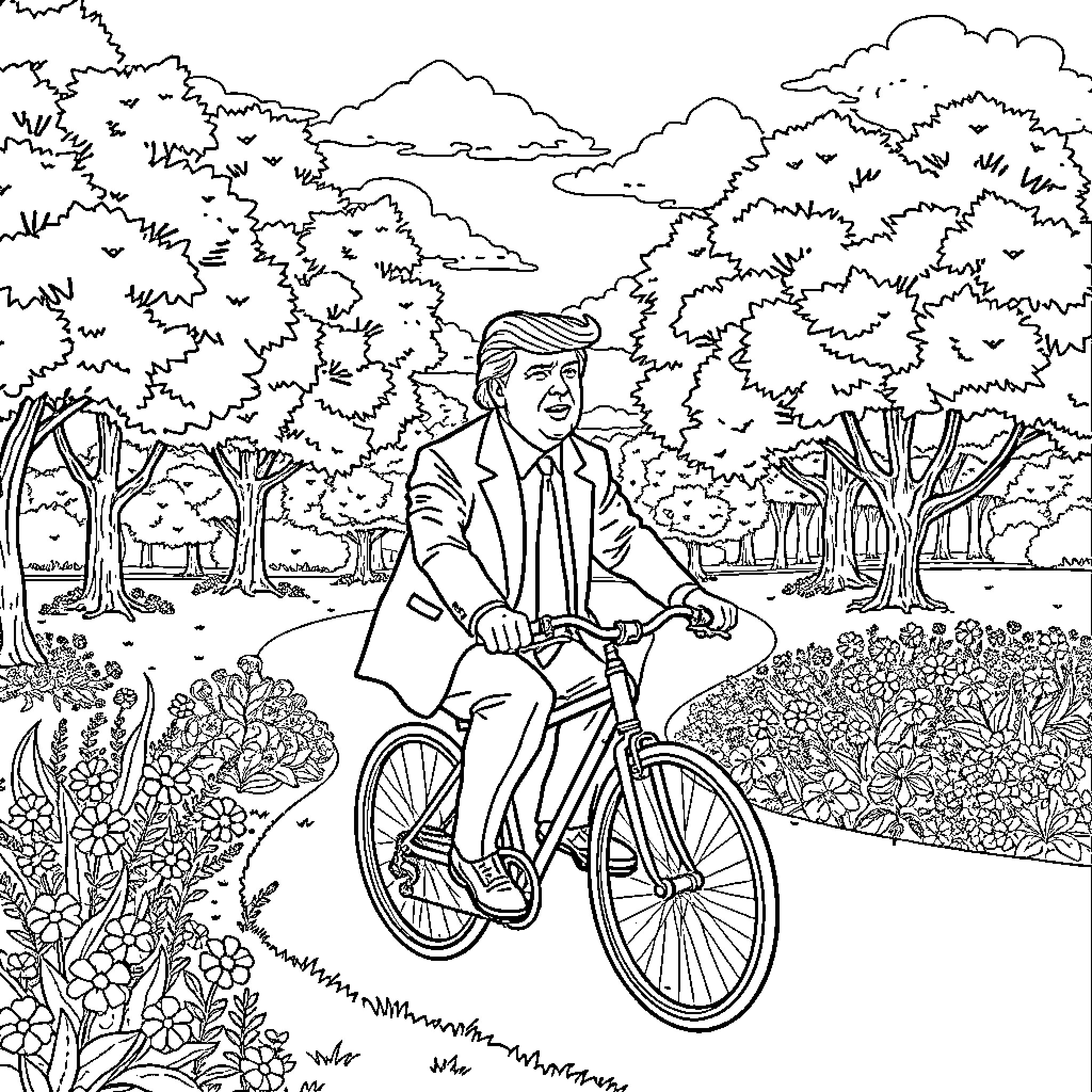 Donald Trump biking through a scenic outdoor landscape Coloring Page (free black-and-white line drawing printable PDF for all, from beginners to advanced learners, including children, teens, adults, and seniors)