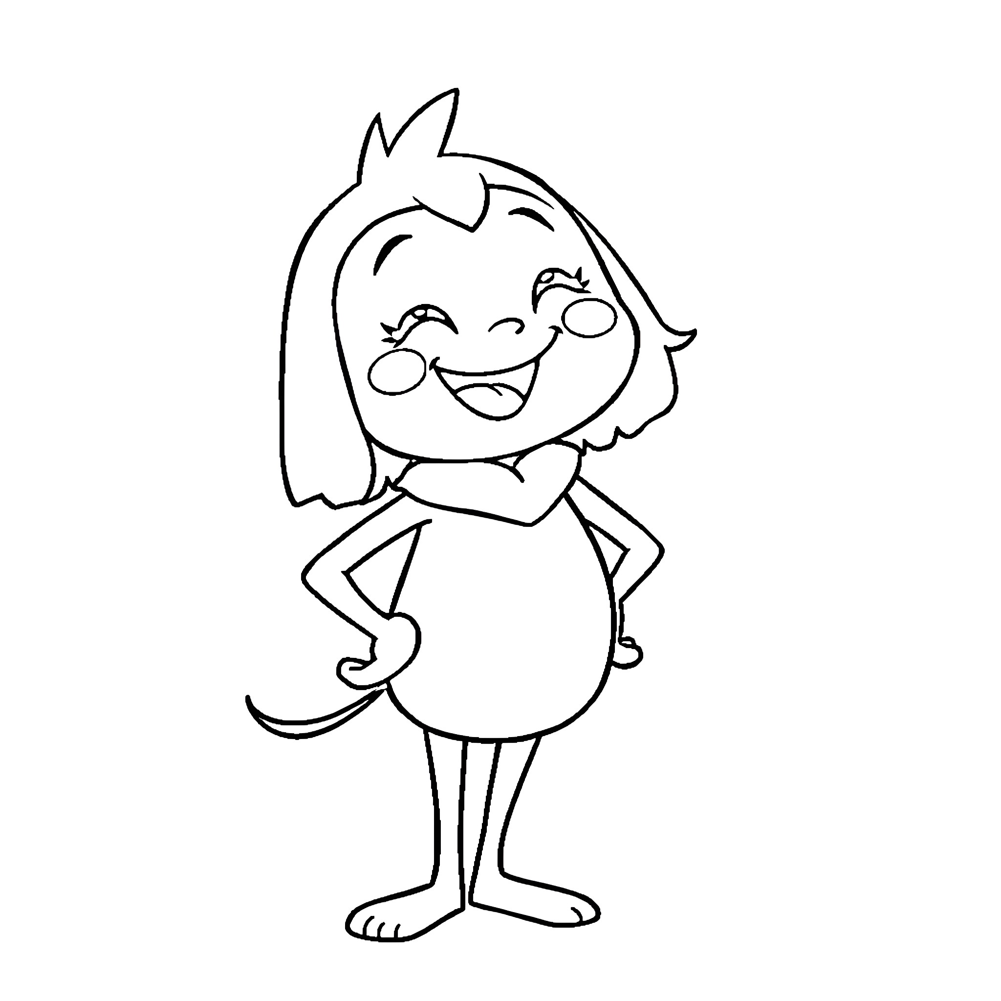 Ochaku happy smiling girl character Coloring Page (free black-and-white line drawing printable PDF for all, from beginners to advanced learners, including children, teens, adults, and seniors)