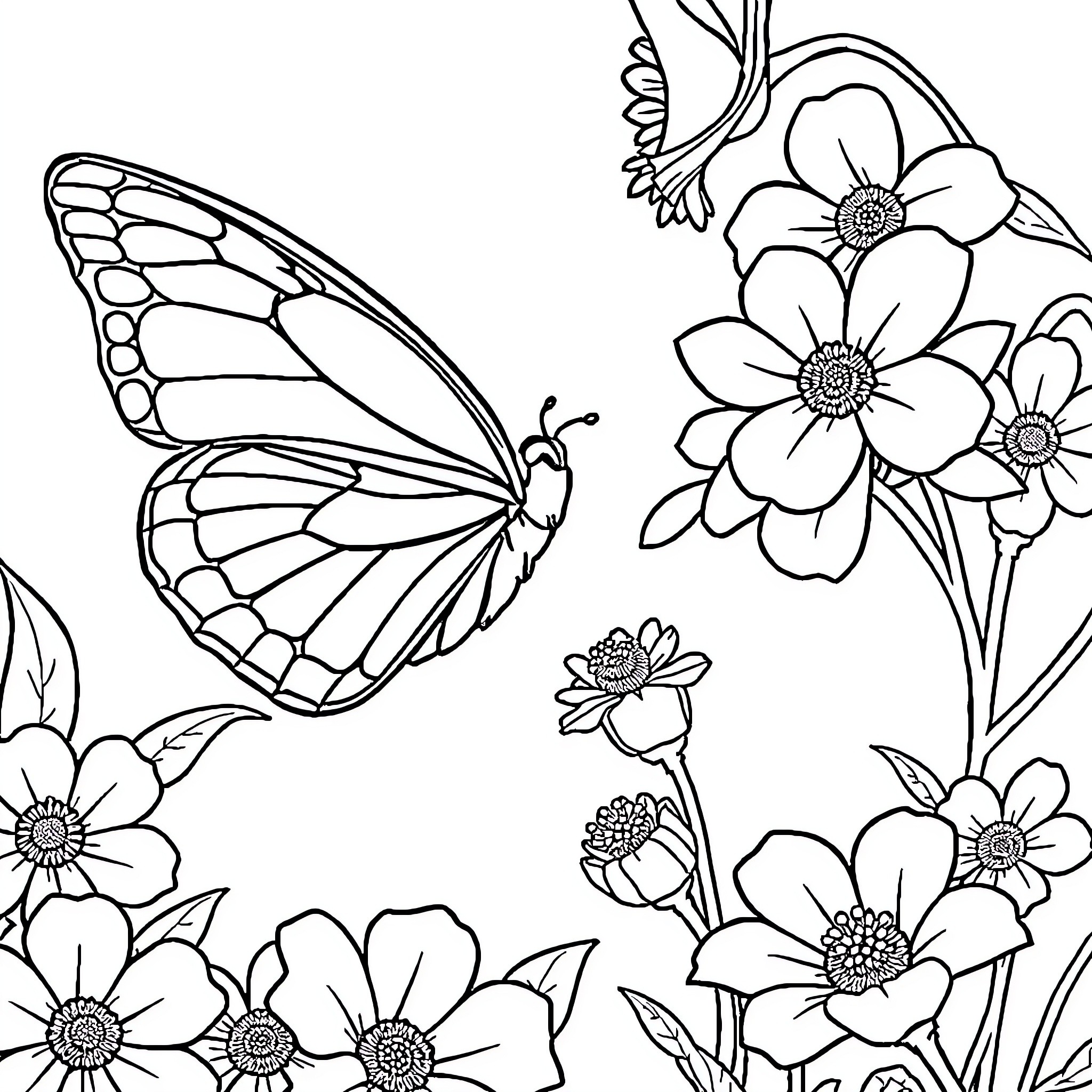 Butterfly flying amidst blooming flowers Coloring Page (free black-and-white line drawing printable PDF for all, from beginners to advanced learners, including children, teens, adults, and seniors)