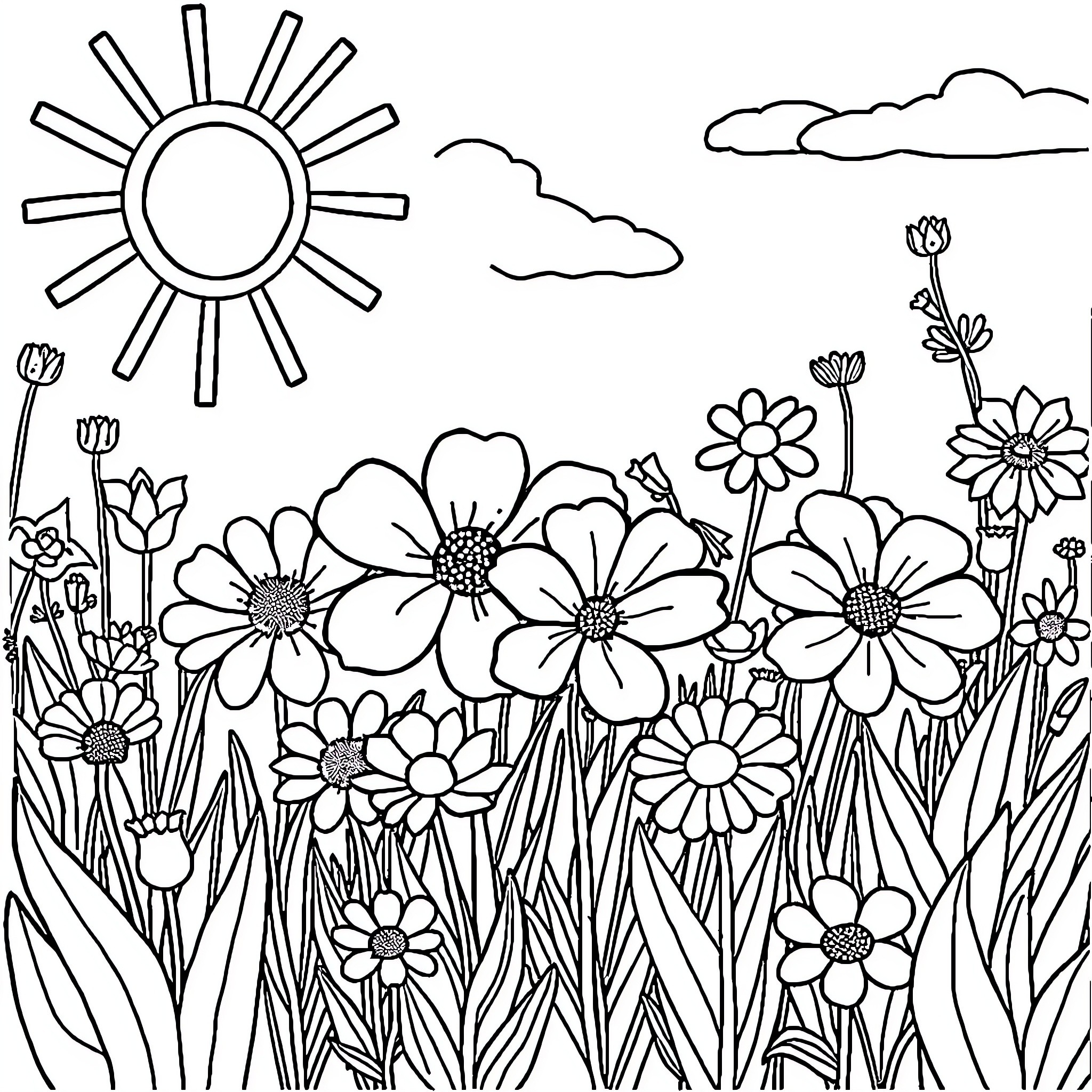 Flower field with sun and clouds Coloring Page (free black-and-white line drawing printable PDF for all, from beginners to advanced learners, including children, teens, adults, and seniors)