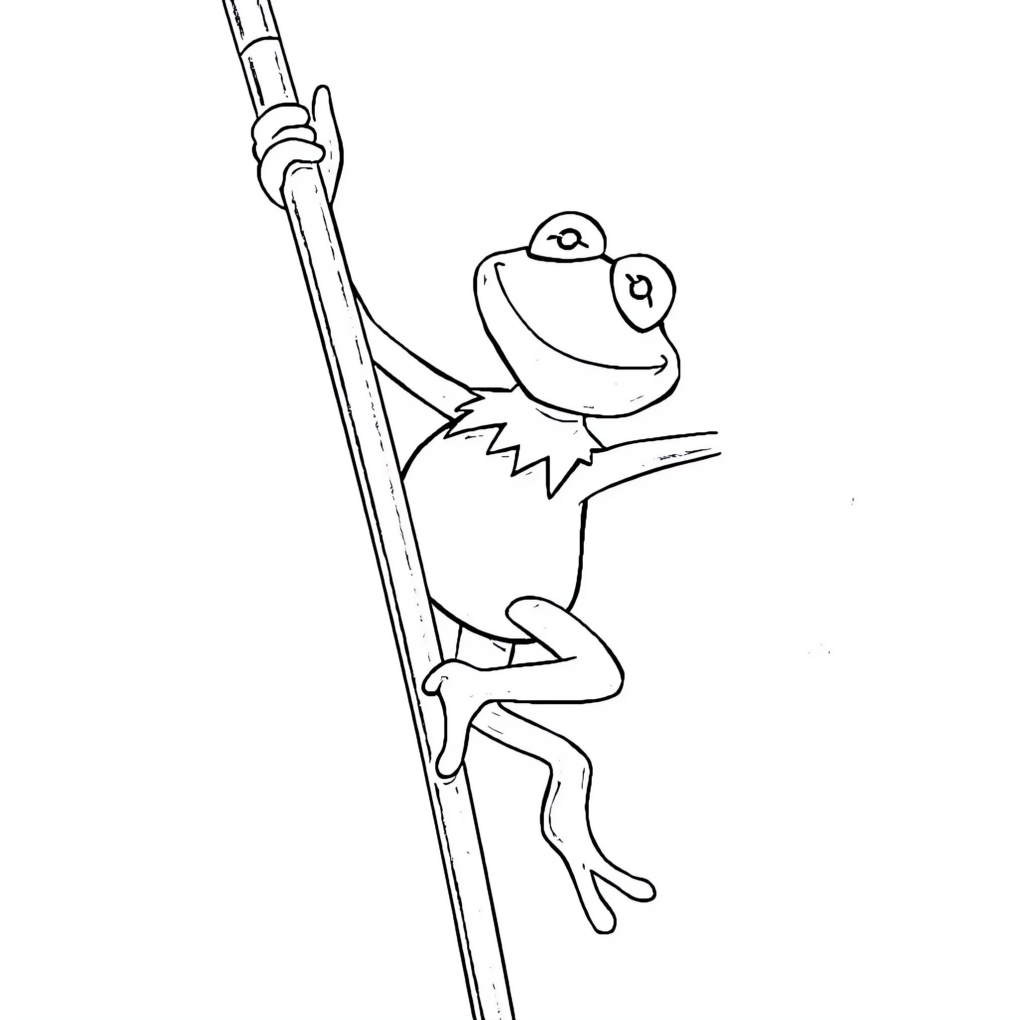 Kermit the Frog climbing up a pole Coloring Page (free black-and-white line drawing printable PDF for all, from beginners to advanced learners, including children, teens, adults, and seniors)