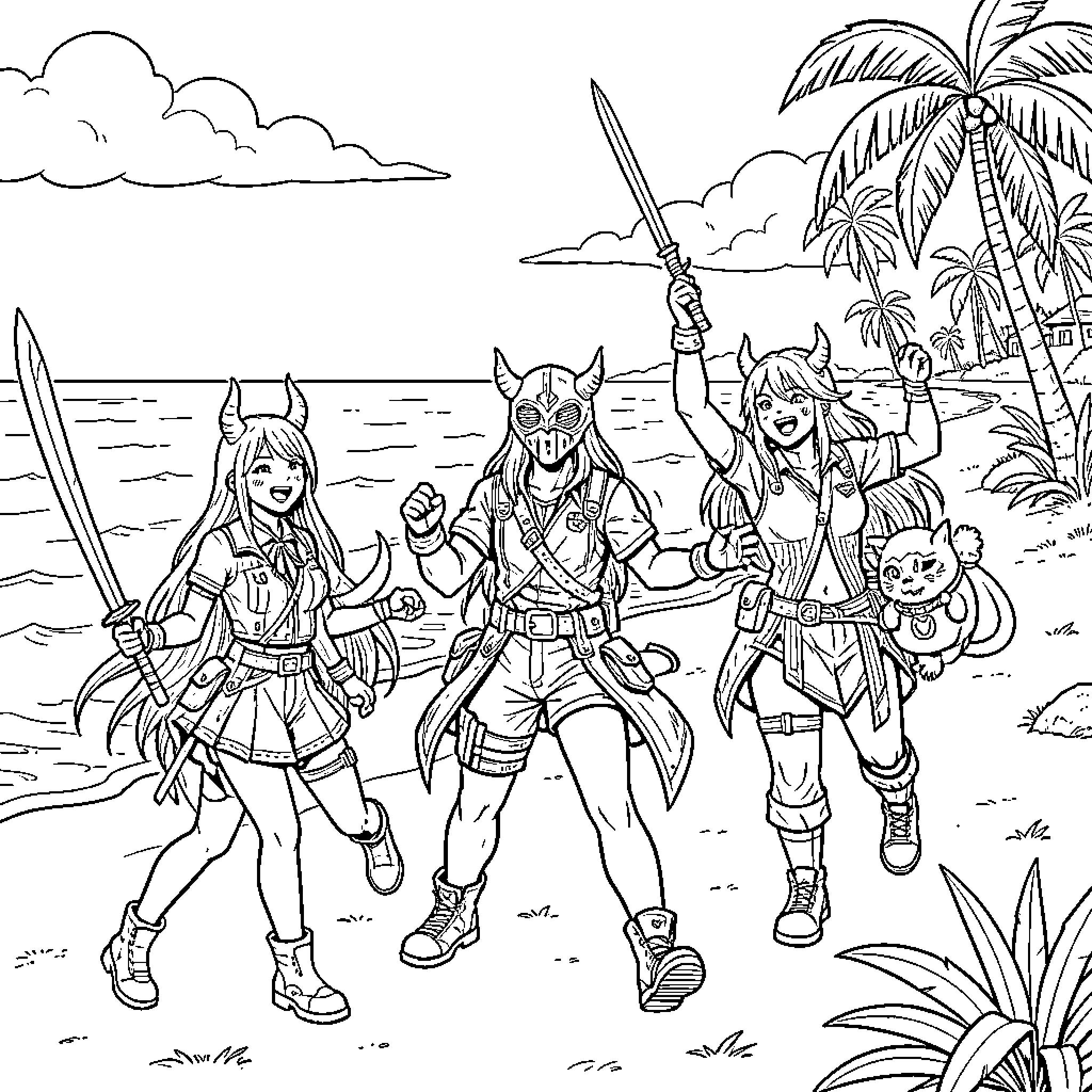 K-POP Demon Hunter group wielding swords on a beach Coloring Page (free black-and-white line drawing printable PDF for all, from beginners to advanced learners, including children, teens, adults, and seniors)