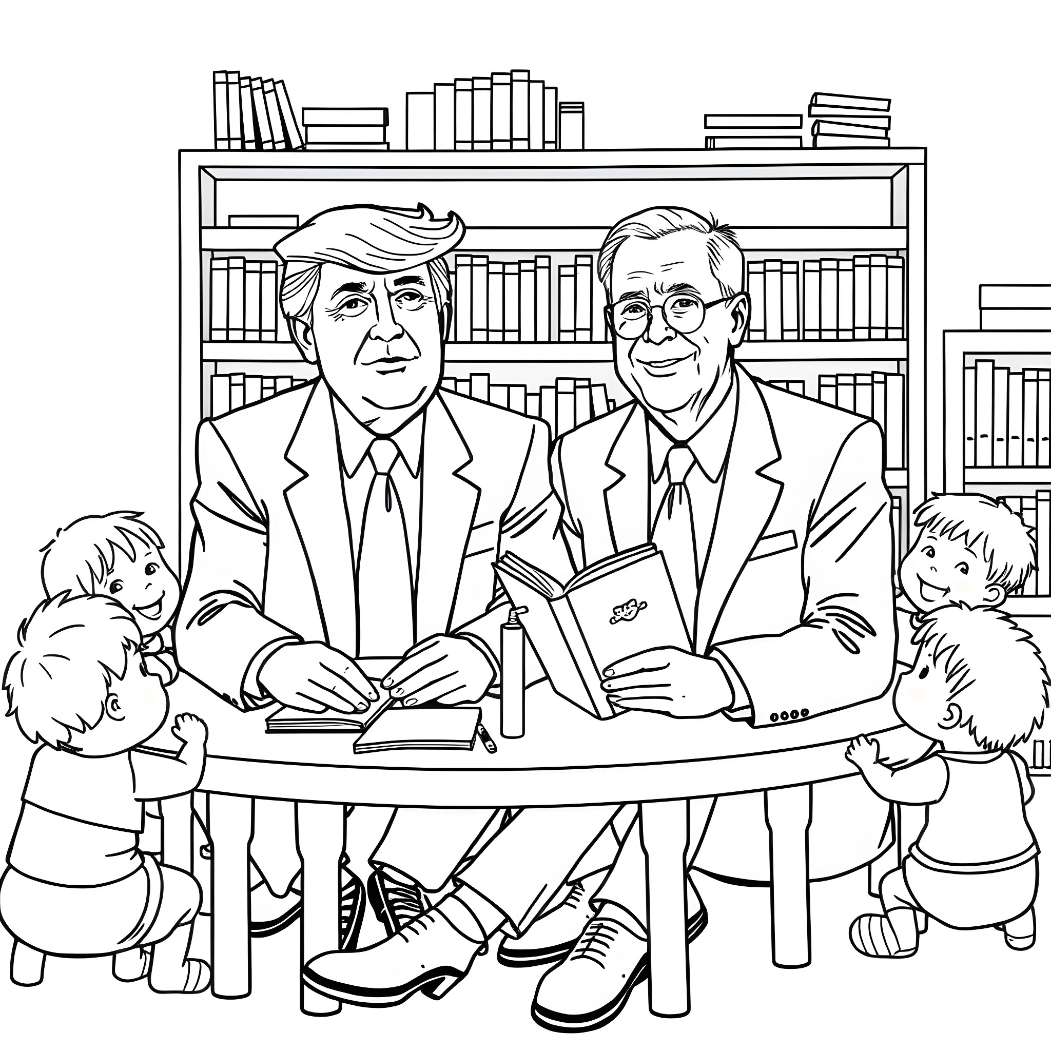 Donald Trump and his associates in a formal office setting Coloring Page (free black-and-white line drawing printable PDF for all, from beginners to advanced learners, including children, teens, adults, and seniors)