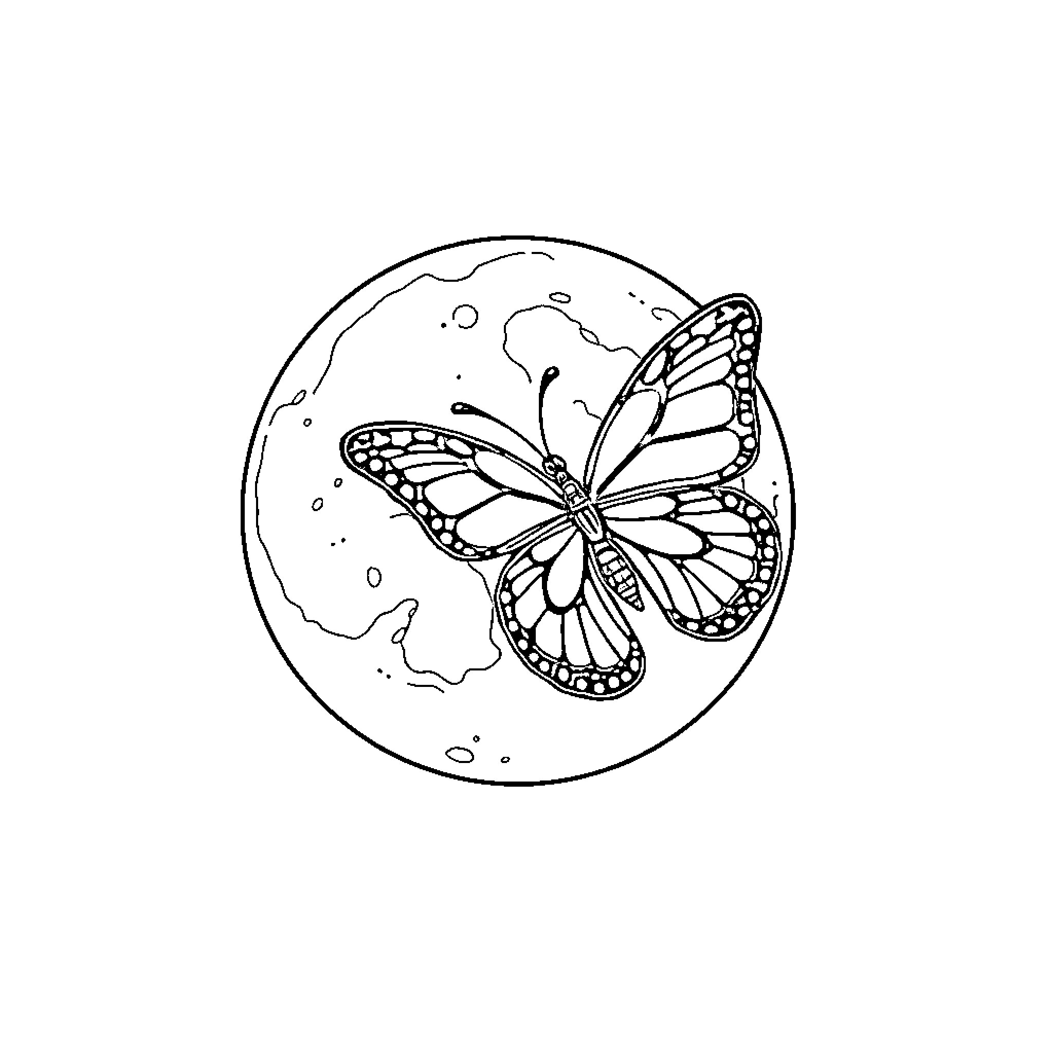 Butterfly in a Circular Frame Coloring Page (free black-and-white line drawing printable PDF for all, from beginners to advanced learners, including children, teens, adults, and seniors)