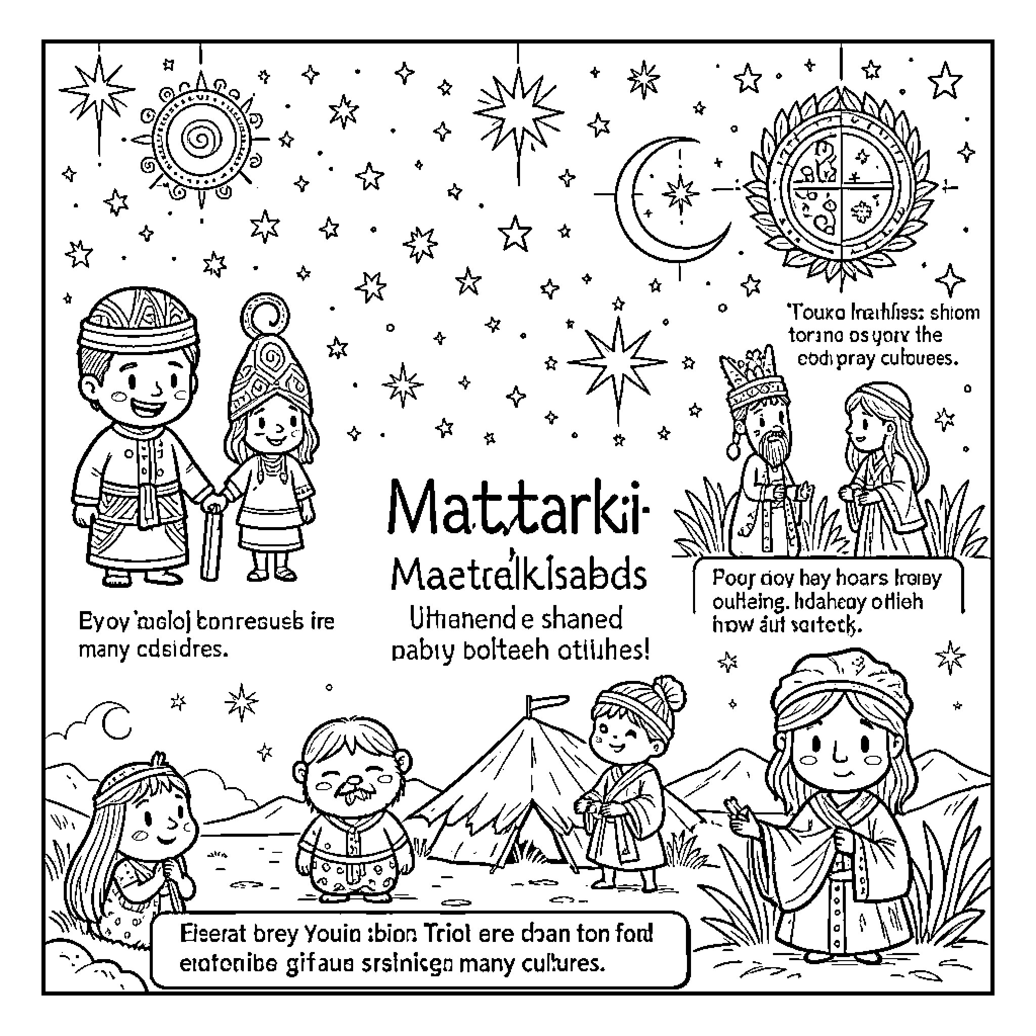 Matariki celebration with people observing stars and night sky Coloring Page (free black-and-white line drawing printable PDF for all, from beginners to advanced learners, including children, teens, adults, and seniors)