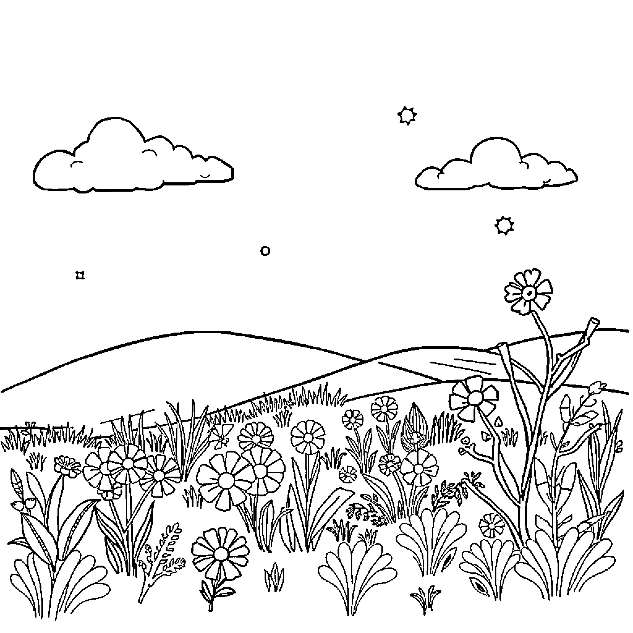 Drawing Class Depicting a Serene Floral Landscape Coloring Page (free black-and-white line drawing printable PDF for all, from beginners to advanced learners, including children, teens, adults, and seniors)