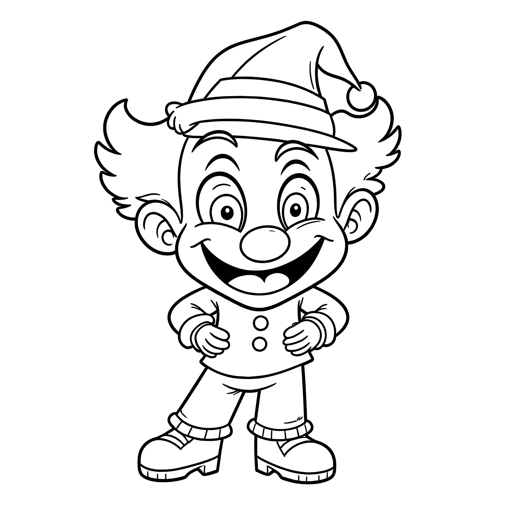Art of a cheerful elf in a Santa hat Coloring Page (free black-and-white line drawing printable PDF for all, from beginners to advanced learners, including children, teens, adults, and seniors)
