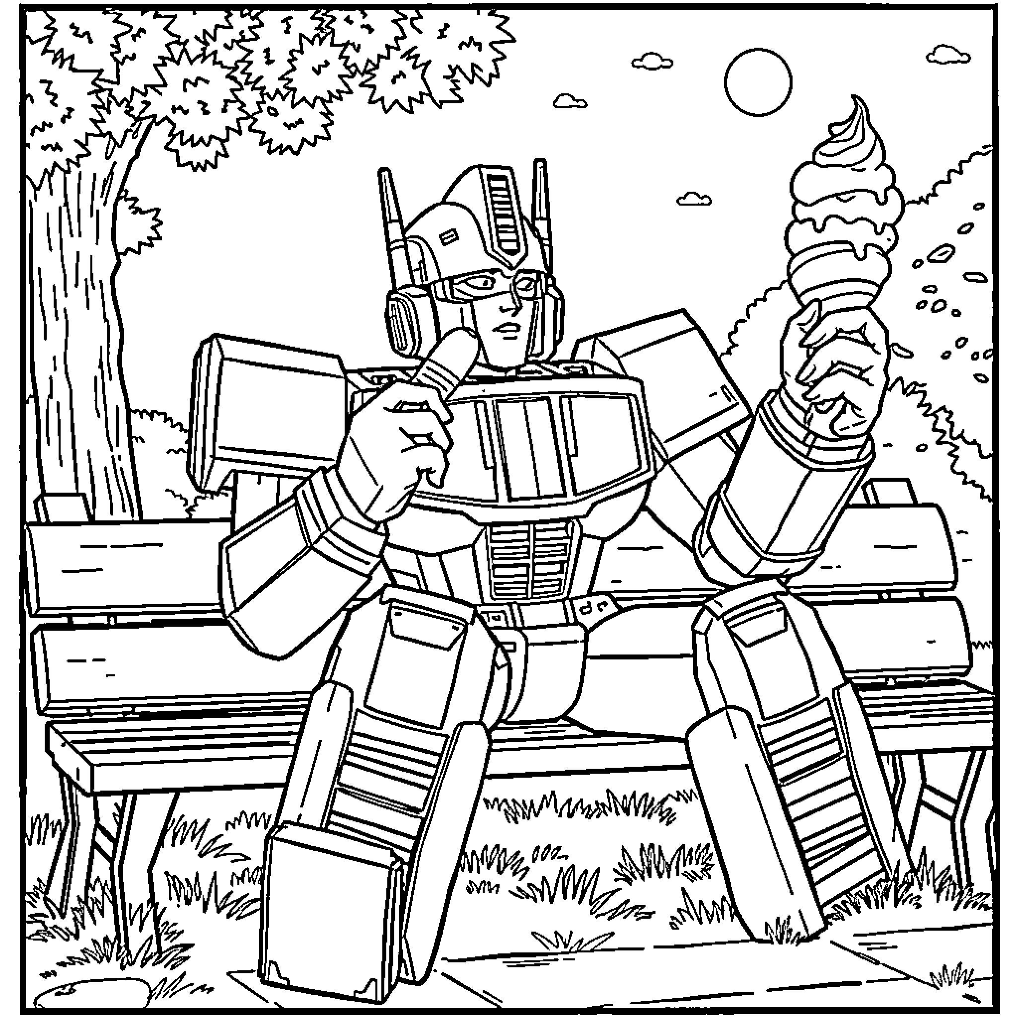 Optimus Prime relaxes with an ice cream in nature Coloring Page (free black-and-white line drawing printable PDF for all, from beginners to advanced learners, including children, teens, adults, and seniors)