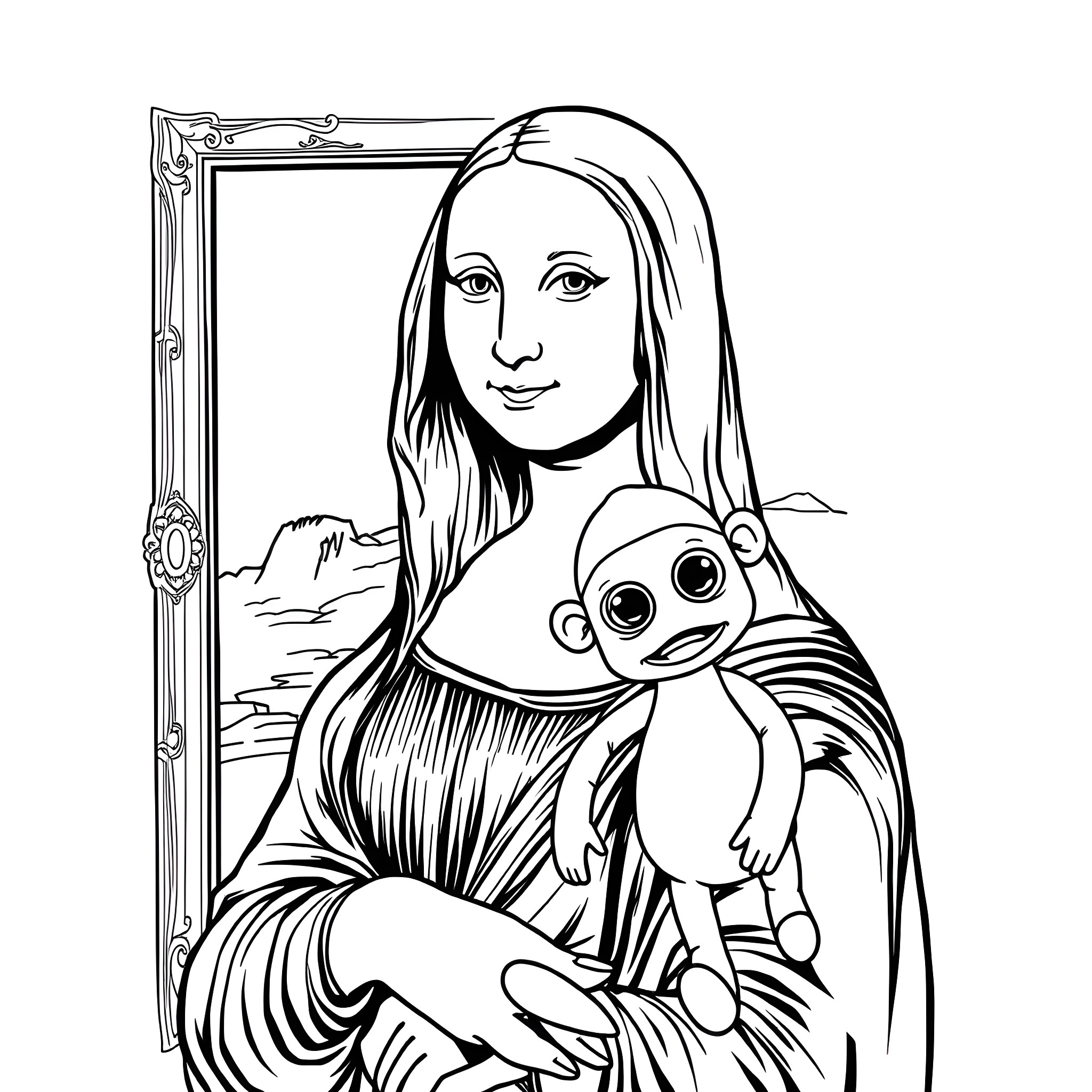 Mona Lisa with a Curious Companion Coloring Page (free black-and-white line drawing printable PDF for all, from beginners to advanced learners, including children, teens, adults, and seniors)