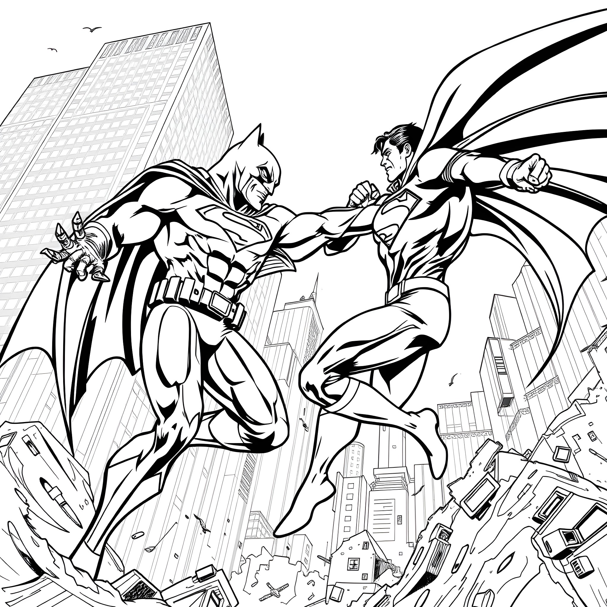 Batman and Superman battle in the city Coloring Page (free black-and-white line drawing printable PDF for all, from beginners to advanced learners, including children, teens, adults, and seniors)