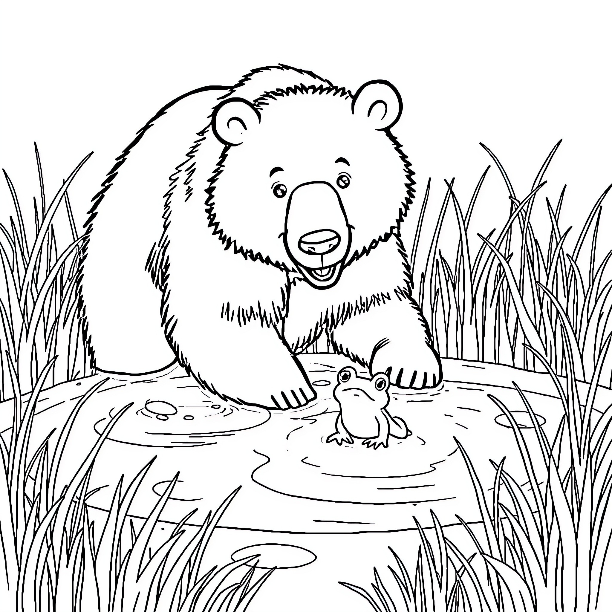 Bear enjoying a swim in the pond Coloring Page (free black-and-white line drawing printable PDF for all, from beginners to advanced learners, including children, teens, adults, and seniors)