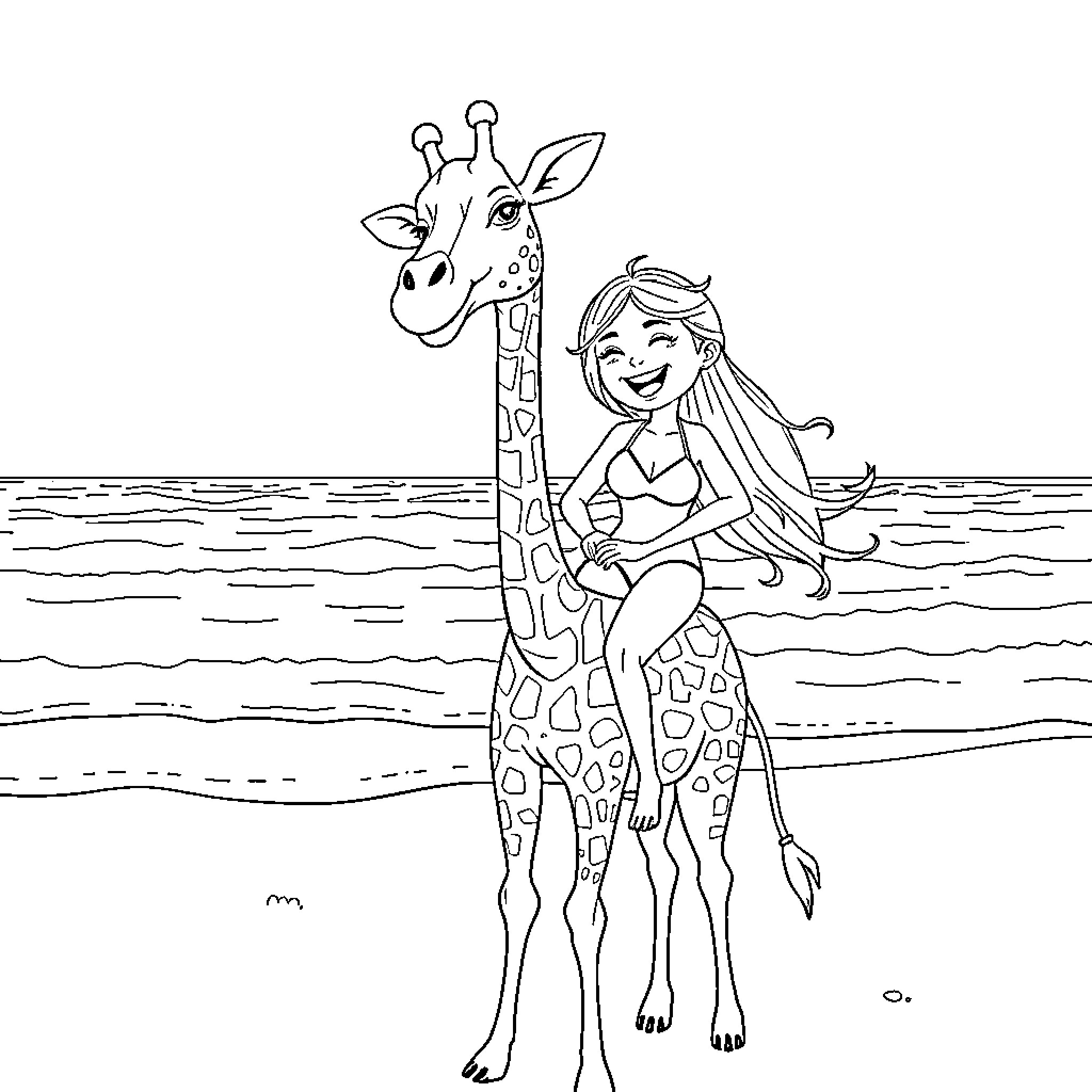 Girl swimming with friendly giraffe in the ocean Coloring Page (free black-and-white line drawing printable PDF for all, from beginners to advanced learners, including children, teens, adults, and seniors)