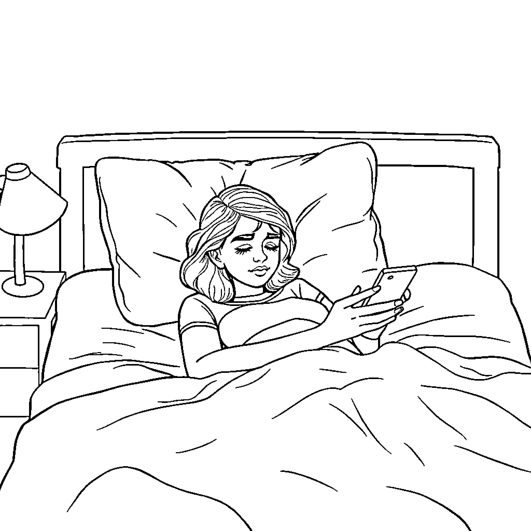 Lady resting and using digital device in bed Coloring Page (free black-and-white line drawing printable PDF for all, from beginners to advanced learners, including children, teens, adults, and seniors)