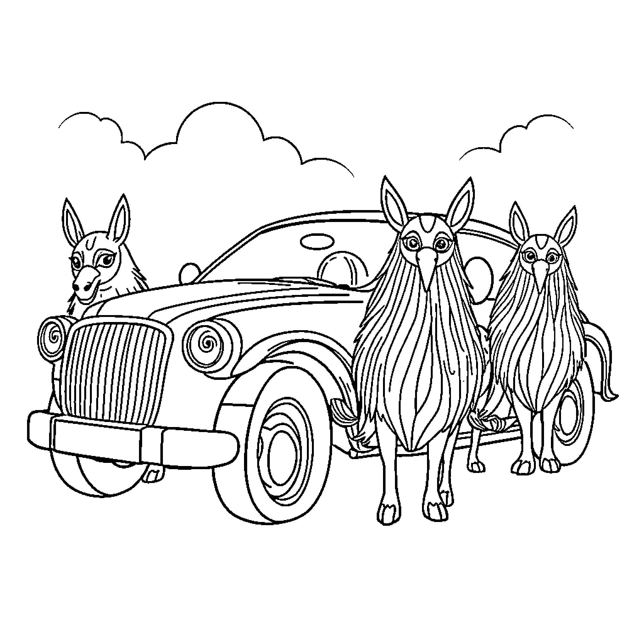 Car with Animated Donkeys and Clouds Coloring Page (free black-and-white line drawing printable PDF for all, from beginners to advanced learners, including children, teens, adults, and seniors)