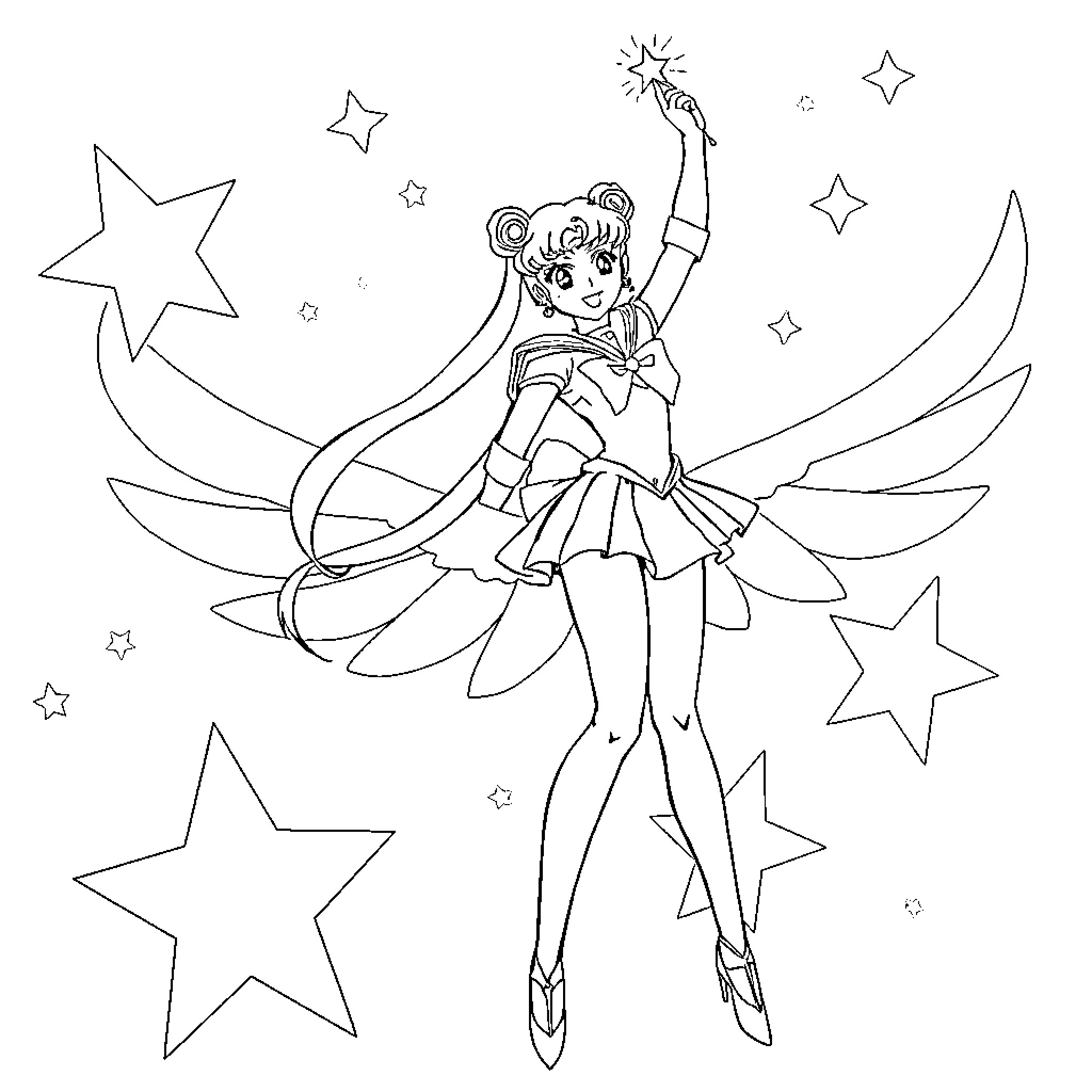 Sailor Moon Performing Magical Transformation with Stars Coloring Page (free black-and-white line drawing printable PDF for all, from beginners to advanced learners, including children, teens, adults, and seniors)