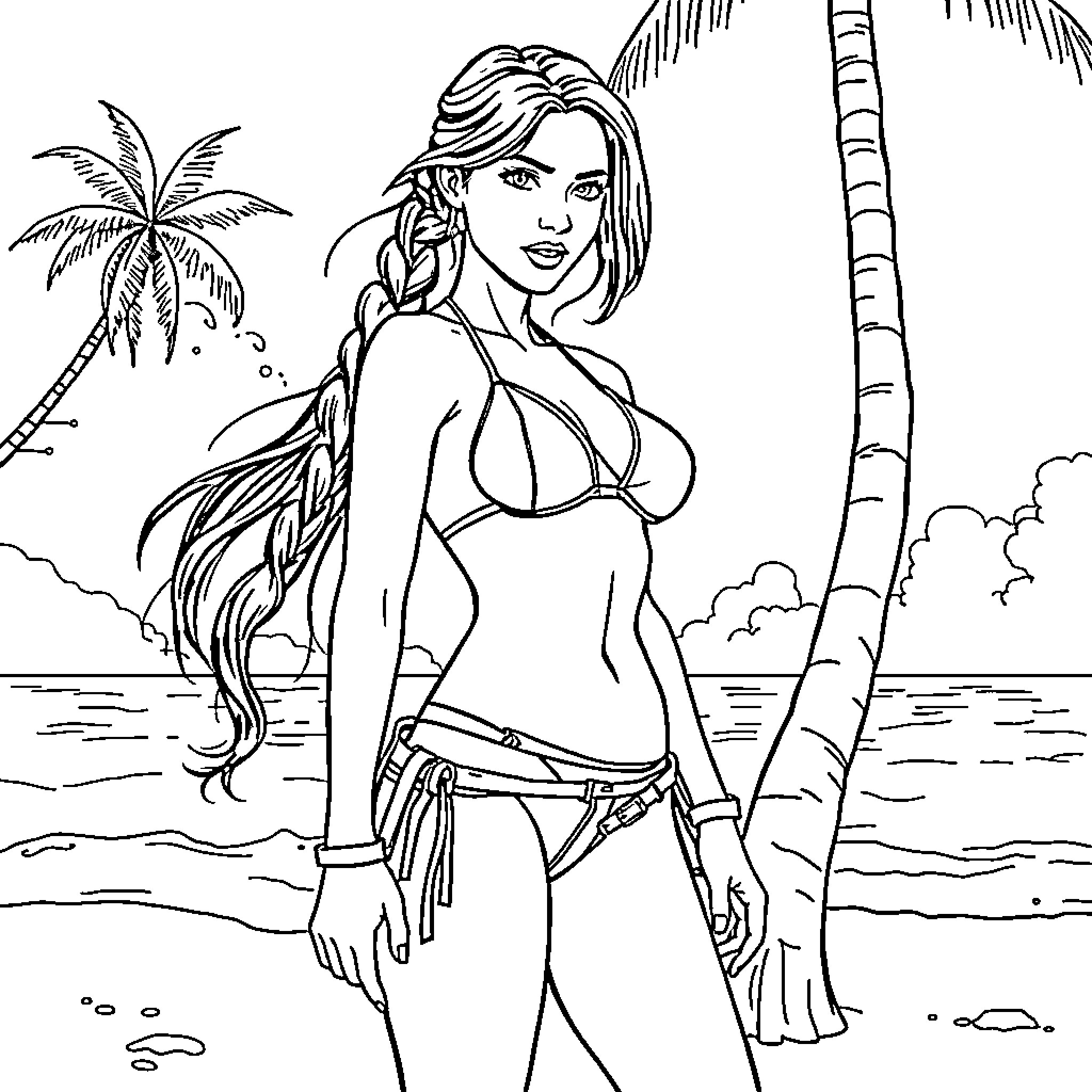 Lara Croft in a tropical beach setting Coloring Page (free black-and-white line drawing printable PDF for all, from beginners to advanced learners, including children, teens, adults, and seniors)