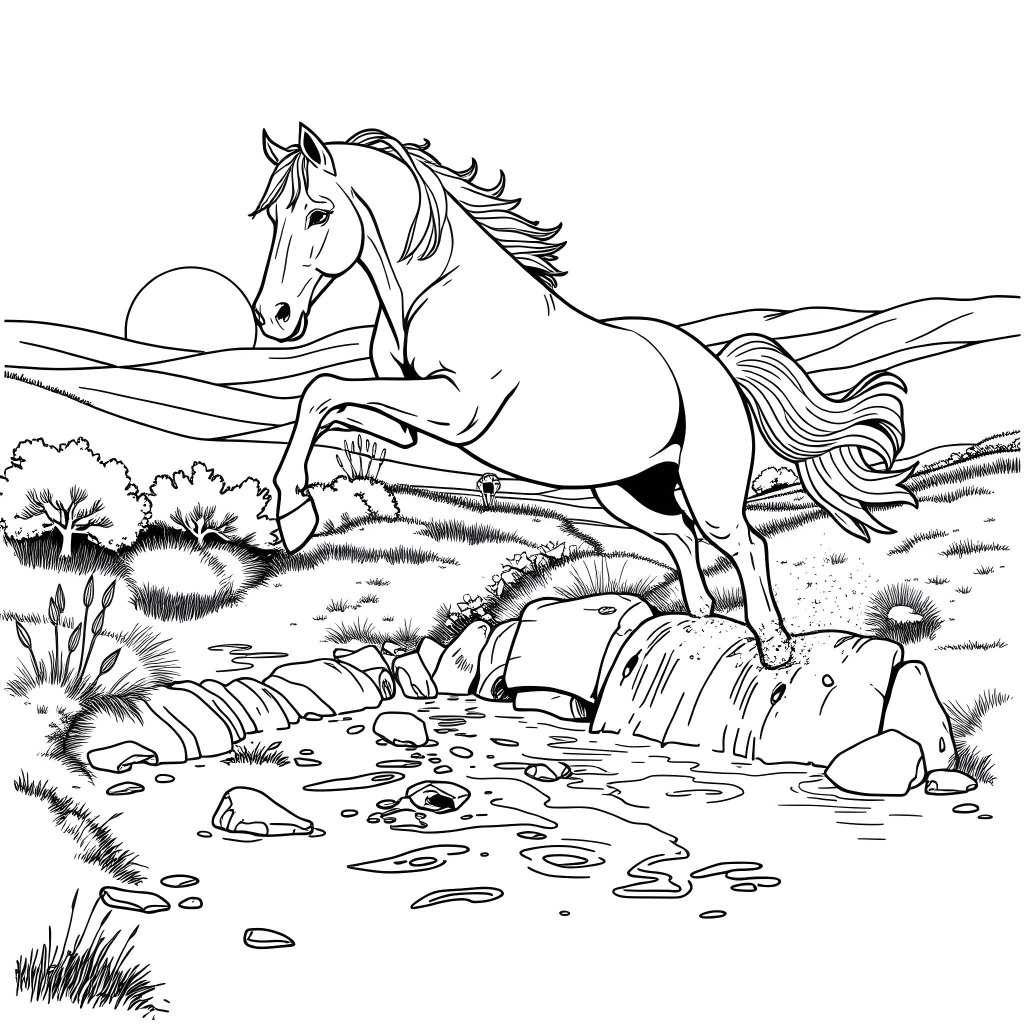 Horse running through a peaceful countryside Coloring Page (free black-and-white line drawing printable PDF for all, from beginners to advanced learners, including children, teens, adults, and seniors)