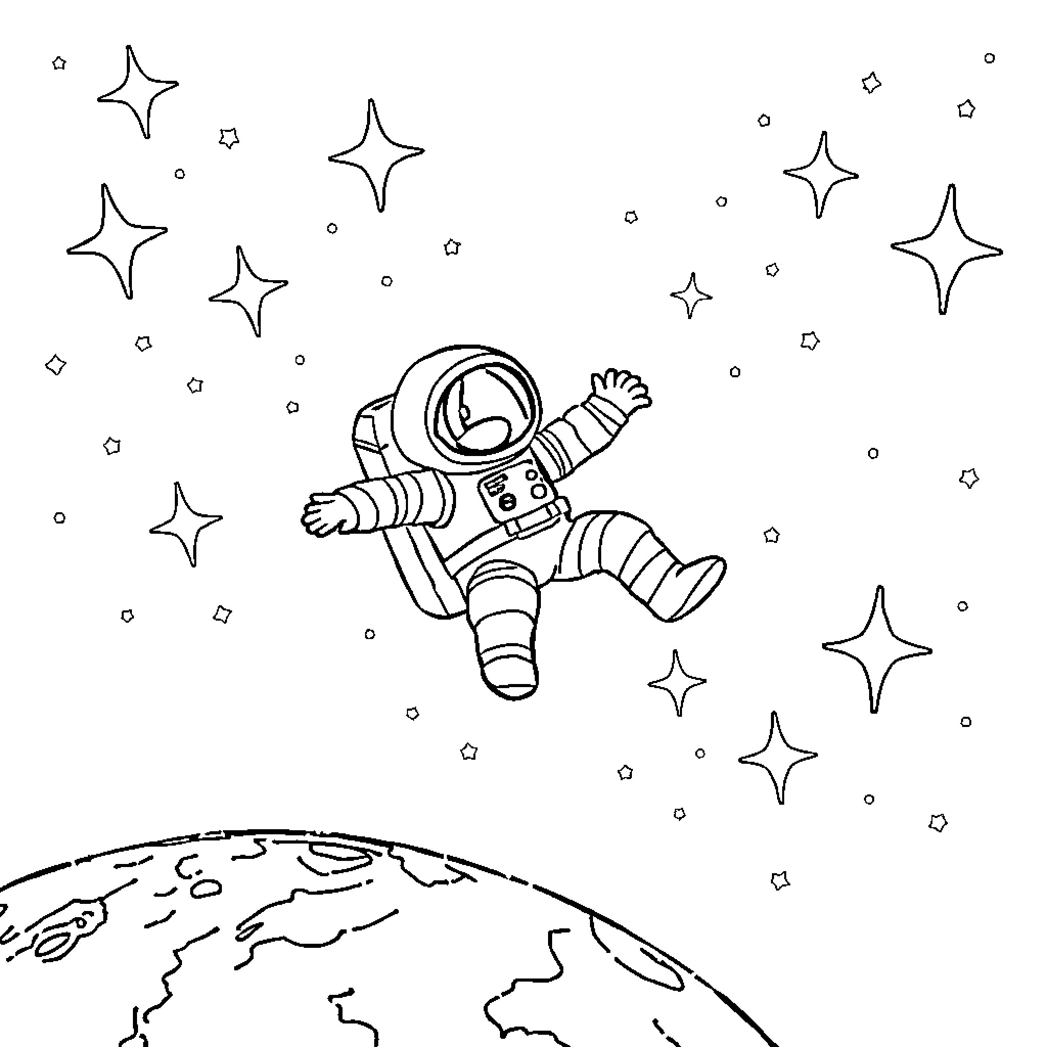 Astronaut floating peacefully in outer space Coloring Page (free black-and-white line drawing printable PDF for all, from beginners to advanced learners, including children, teens, adults, and seniors)