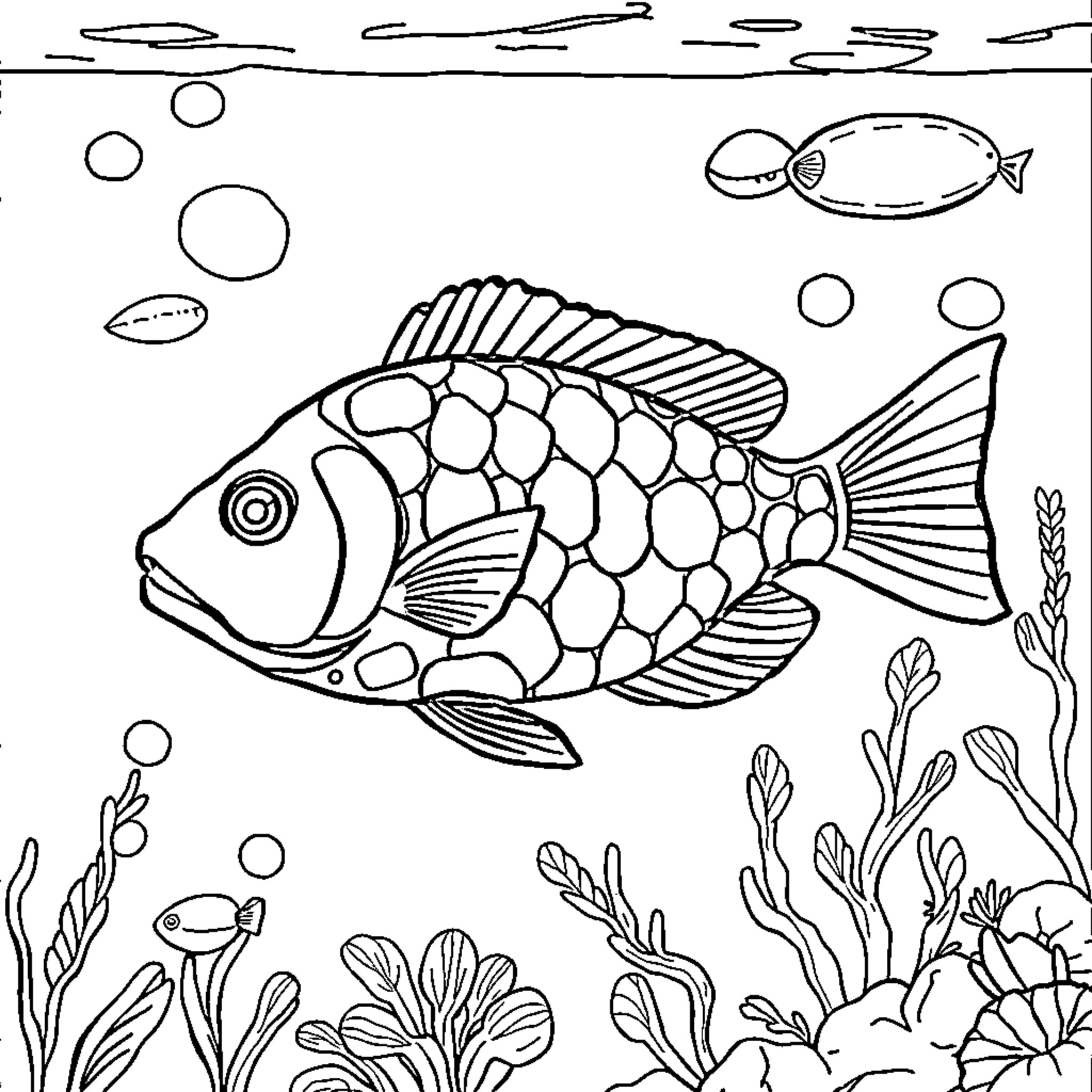 Fish swimming in the underwater scene Coloring Page (free black-and-white line drawing printable PDF for all, from beginners to advanced learners, including children, teens, adults, and seniors)