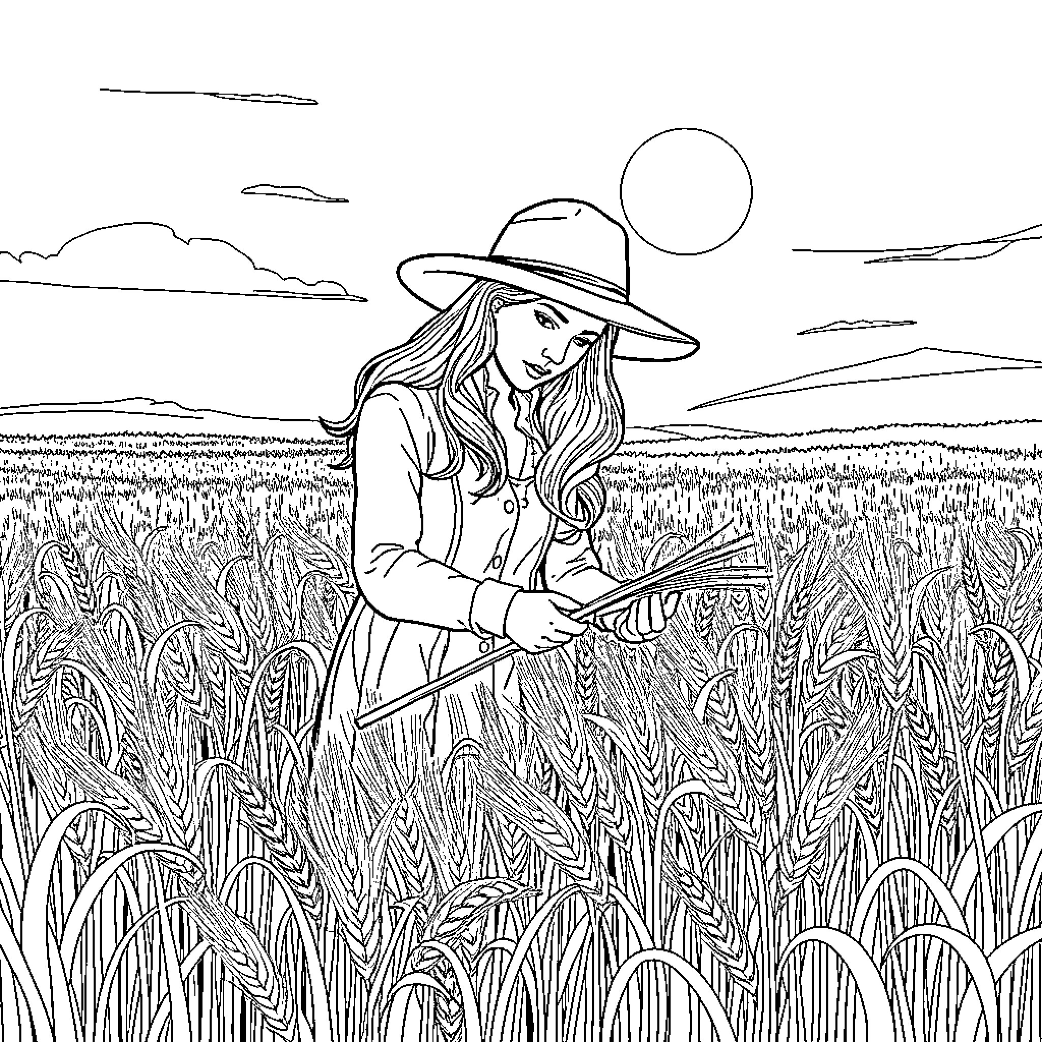 Harvester working in the wheat field Coloring Page (free black-and-white line drawing printable PDF for all, from beginners to advanced learners, including children, teens, adults, and seniors)