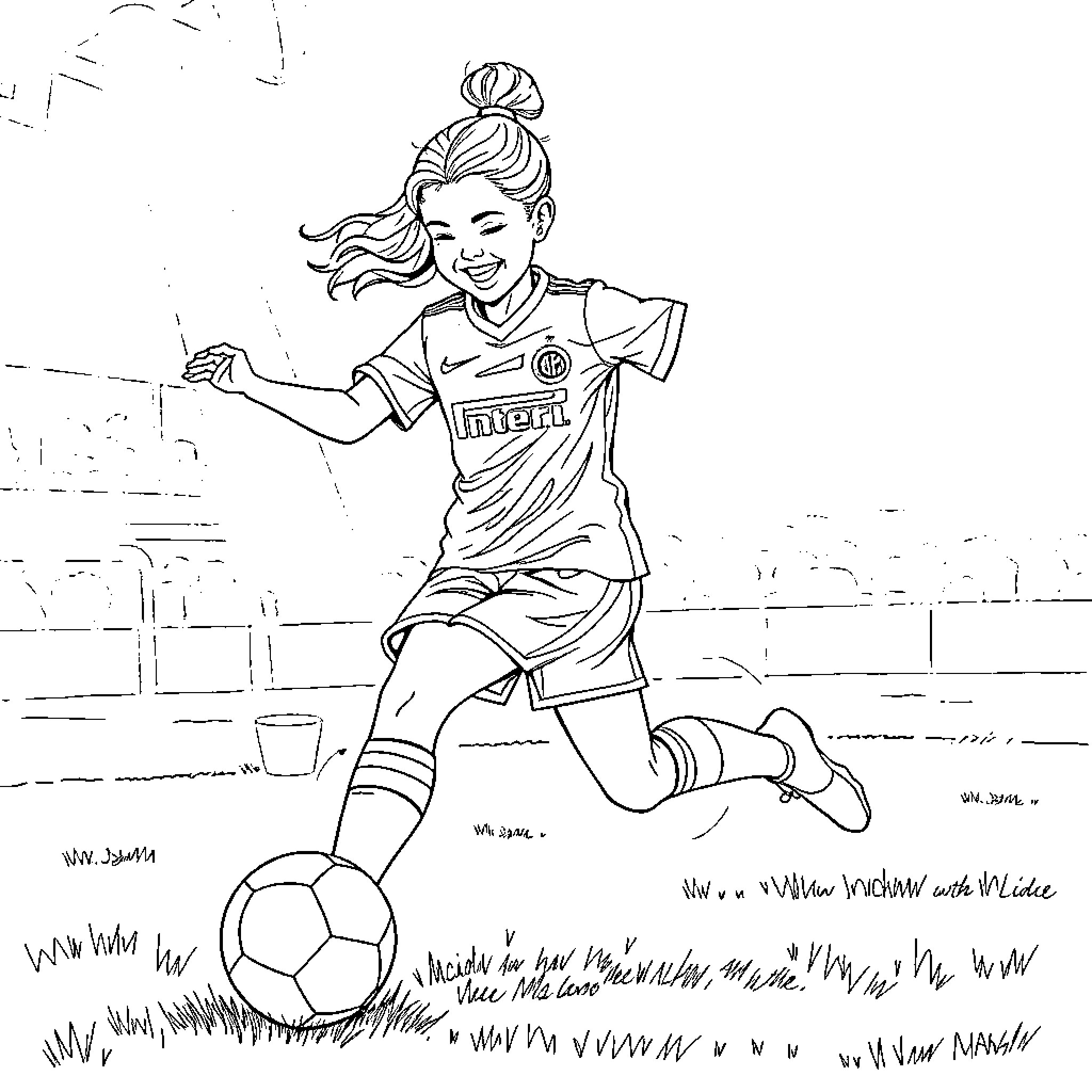 Girl playing soccer joyfully on the field Coloring Page (free black-and-white line drawing printable PDF for all, from beginners to advanced learners, including children, teens, adults, and seniors)