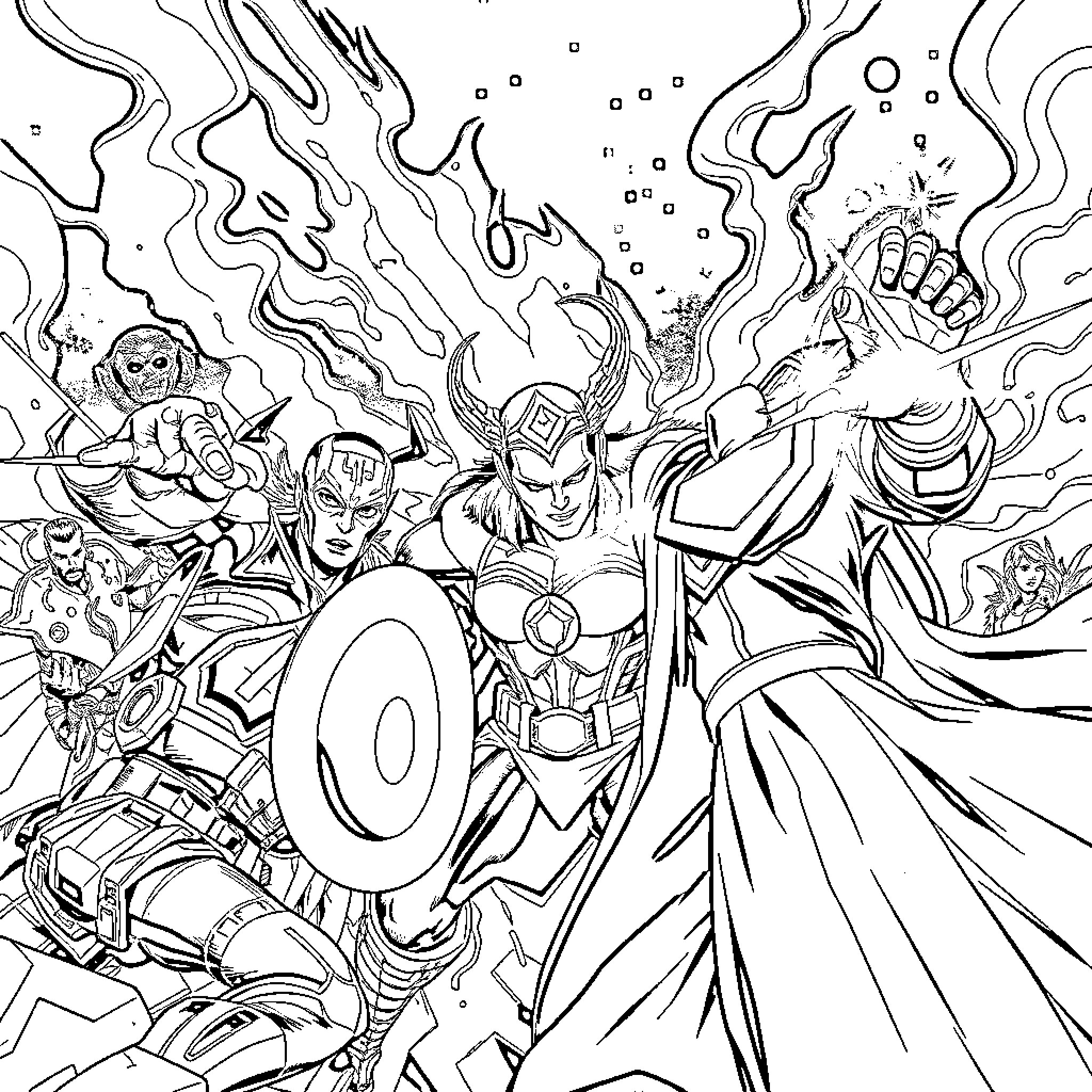 Avengers Assemble for Epic Battle Coloring Page (free black-and-white line drawing printable PDF for all, from beginners to advanced learners, including children, teens, adults, and seniors)
