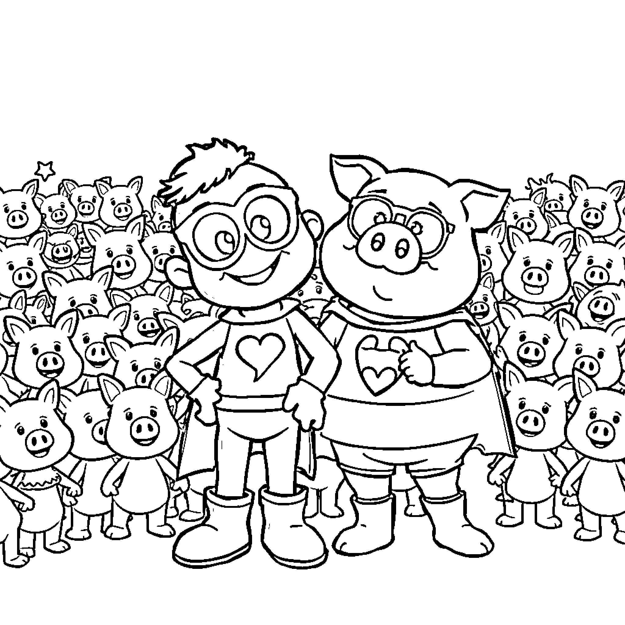 Bluey and Bingo playing with their piglet friends Coloring Page (free black-and-white line drawing printable PDF for all, from beginners to advanced learners, including children, teens, adults, and seniors)