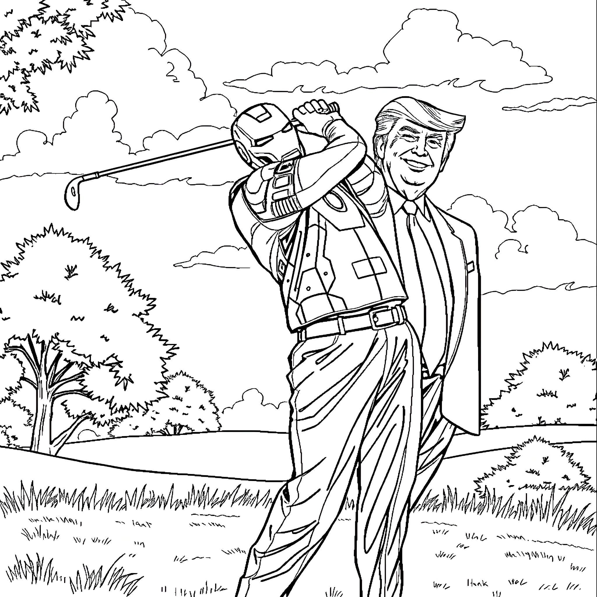 Ironman golfing with the president in the countryside Coloring Page (free black-and-white line drawing printable PDF for all, from beginners to advanced learners, including children, teens, adults, and seniors)