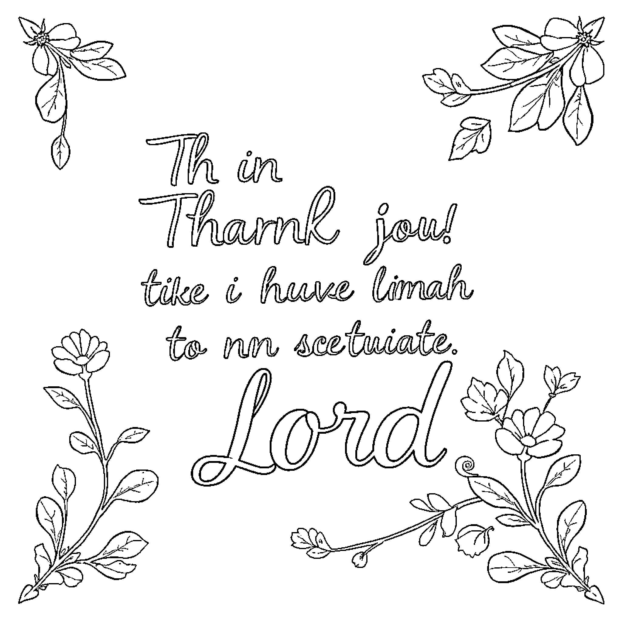 Gratitude Quote with Hand-drawn Floral Elements Coloring Page (free black-and-white line drawing printable PDF for all, from beginners to advanced learners, including children, teens, adults, and seniors)