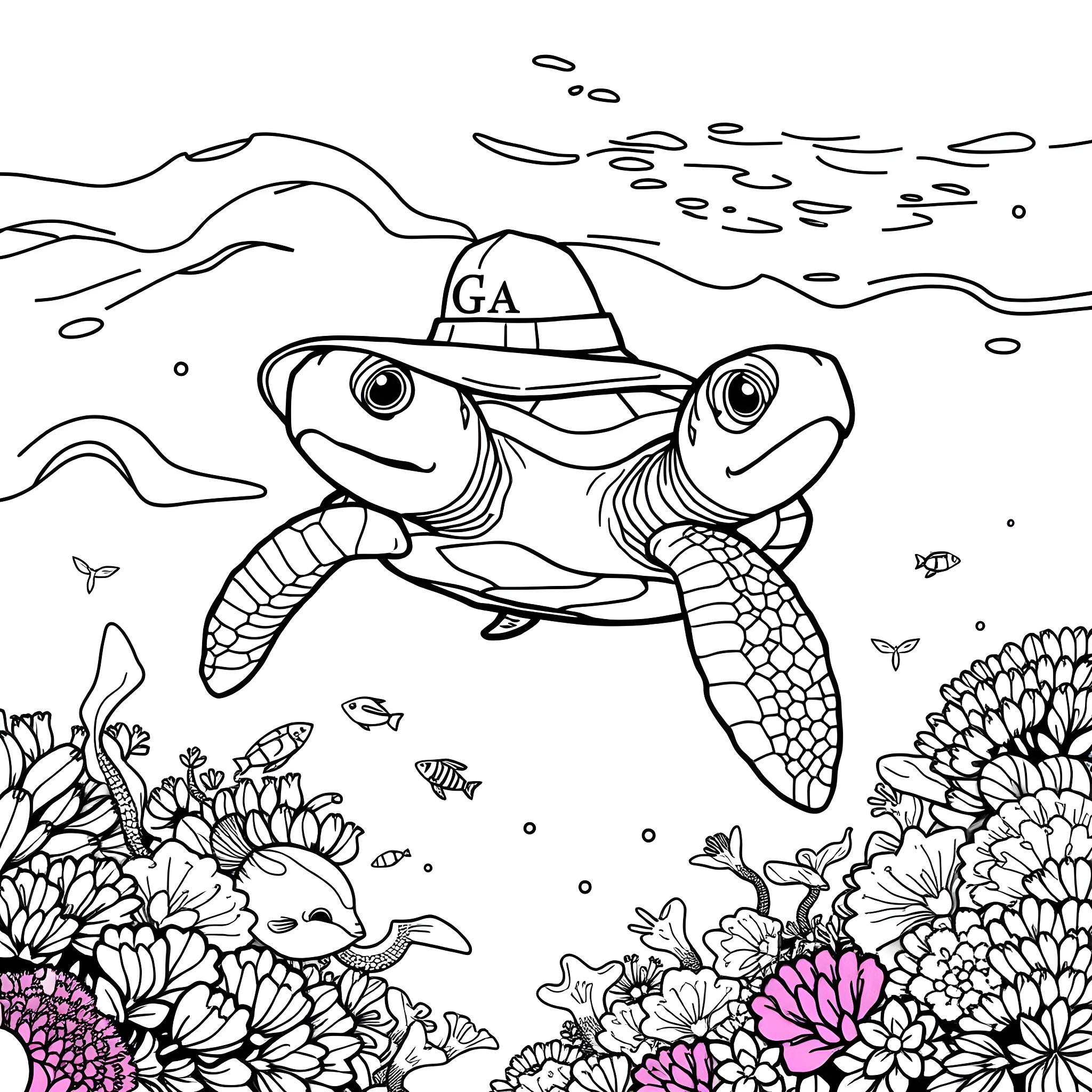 Sea Turtle swimming among colorful corals Coloring Page (free black-and-white line drawing printable PDF for all, from beginners to advanced learners, including children, teens, adults, and seniors)
