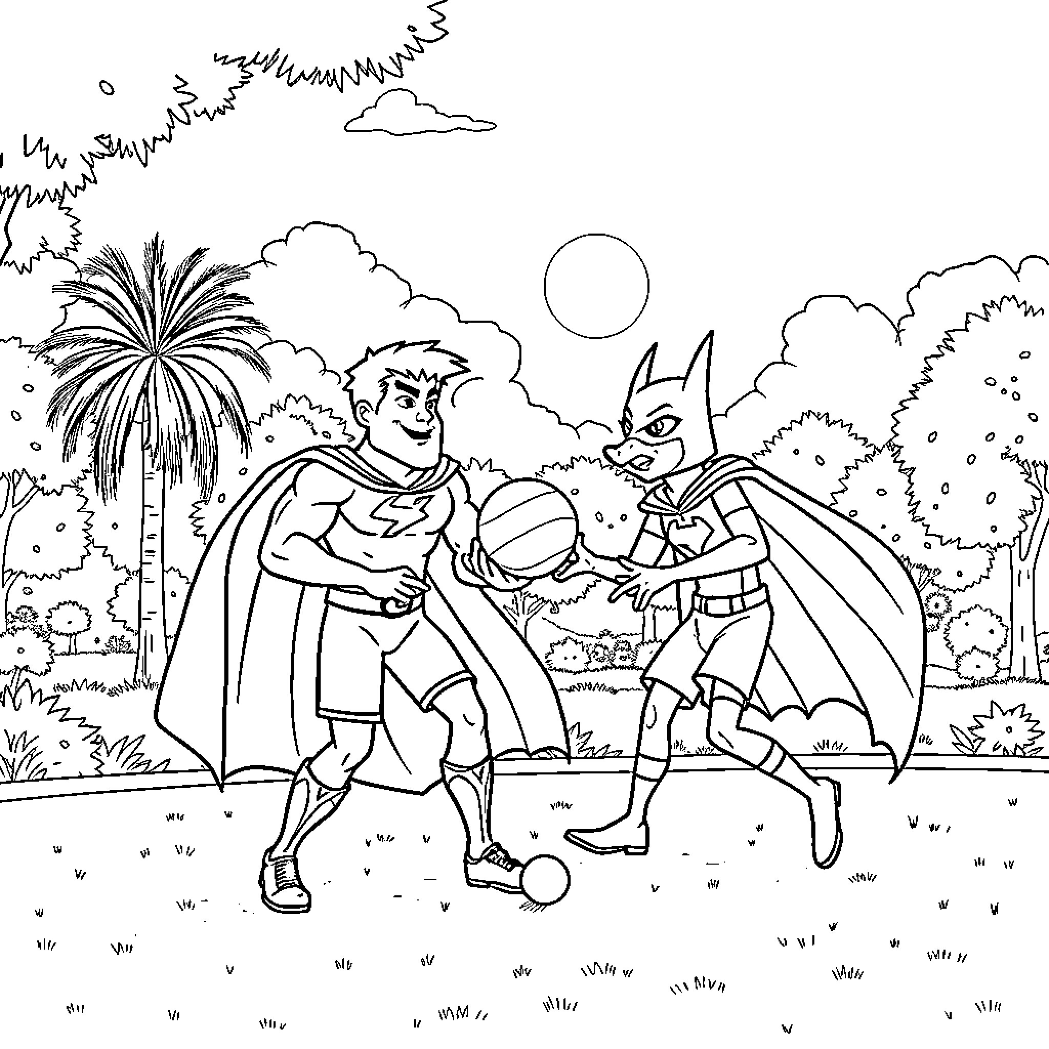 Superman and Batman playing together in a park Coloring Page (free black-and-white line drawing printable PDF for all, from beginners to advanced learners, including children, teens, adults, and seniors)