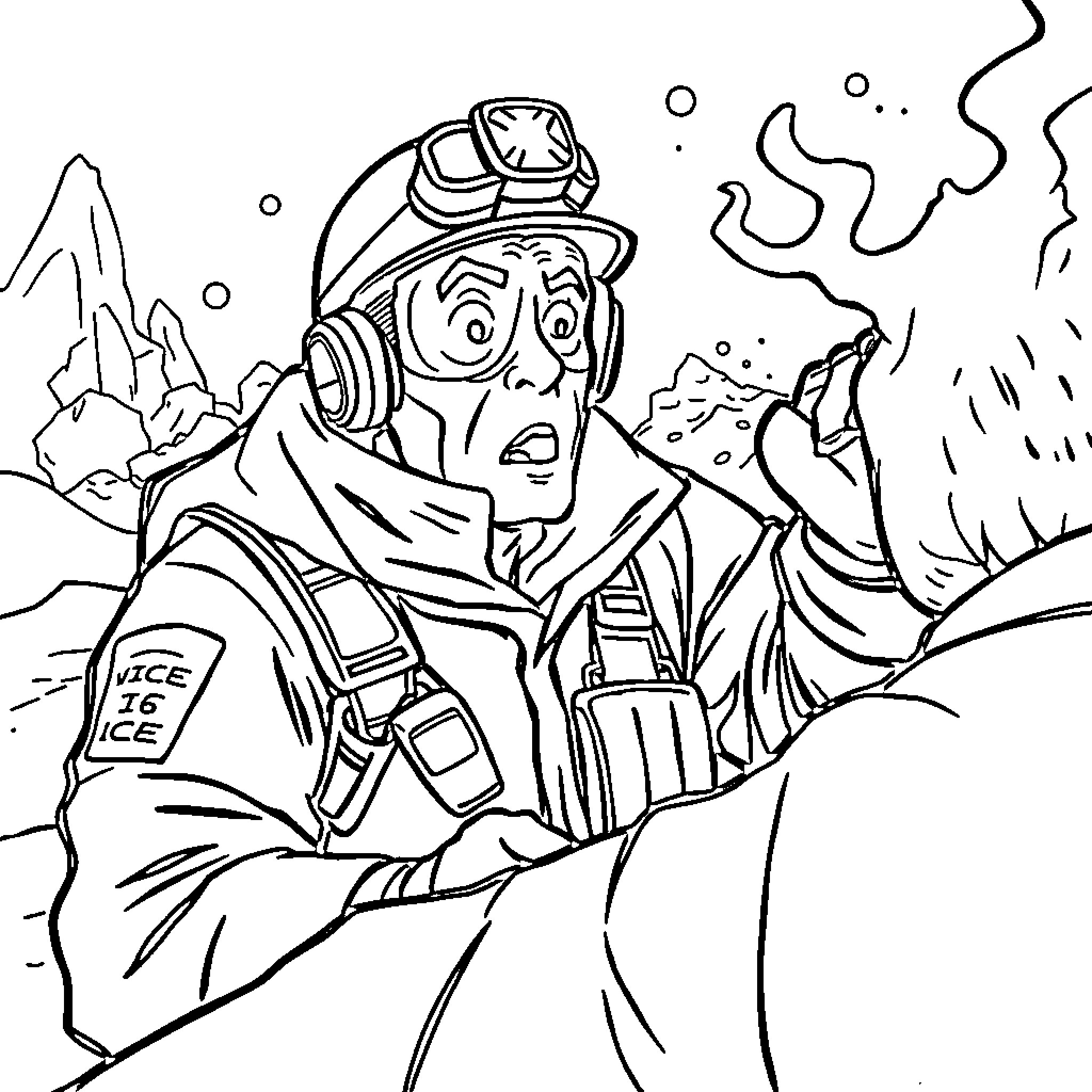 Ice Agent Braving the Harsh Arctic Conditions Coloring Page (free black-and-white line drawing printable PDF for all, from beginners to advanced learners, including children, teens, adults, and seniors)