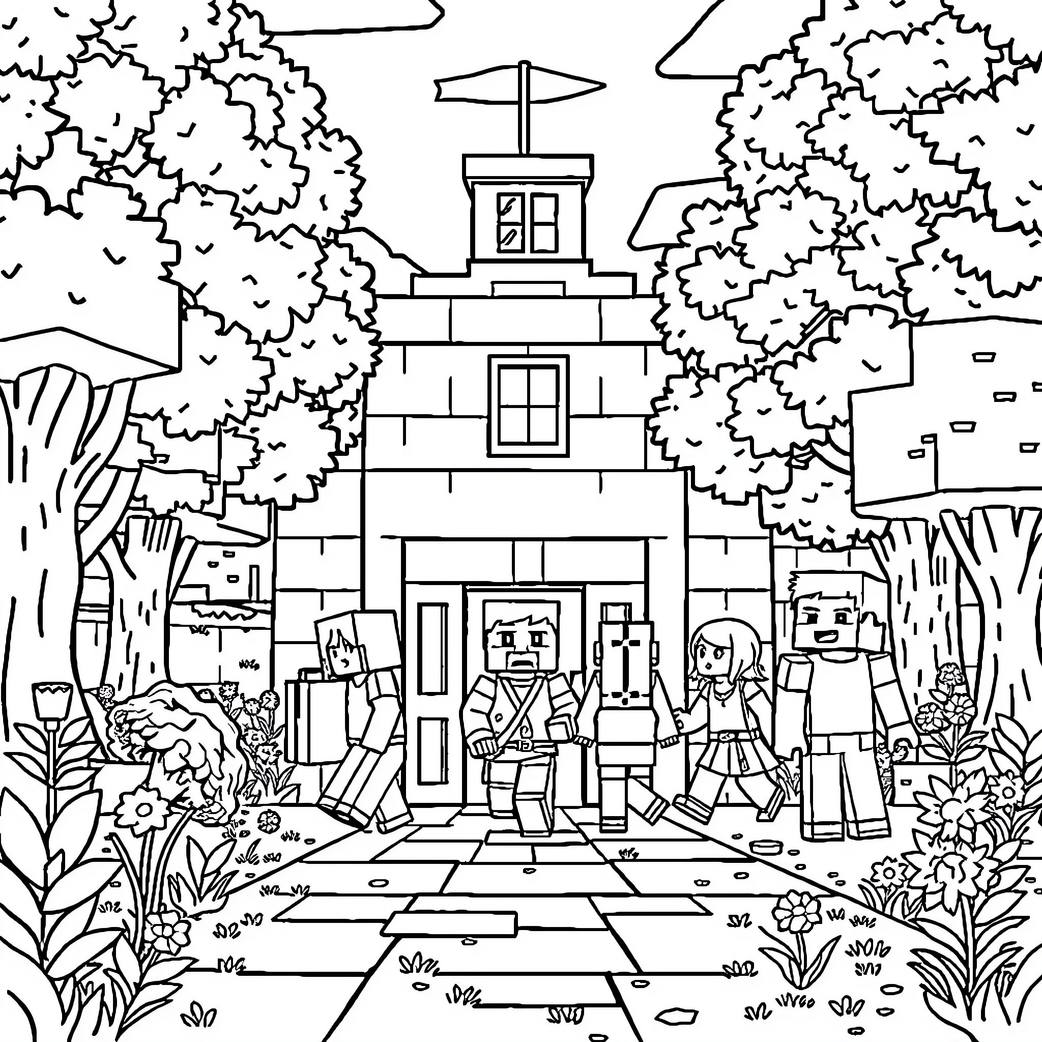 Minecraft characters explore enchanted forest landscape Coloring Page (free black-and-white line drawing printable PDF for all, from beginners to advanced learners, including children, teens, adults, and seniors)