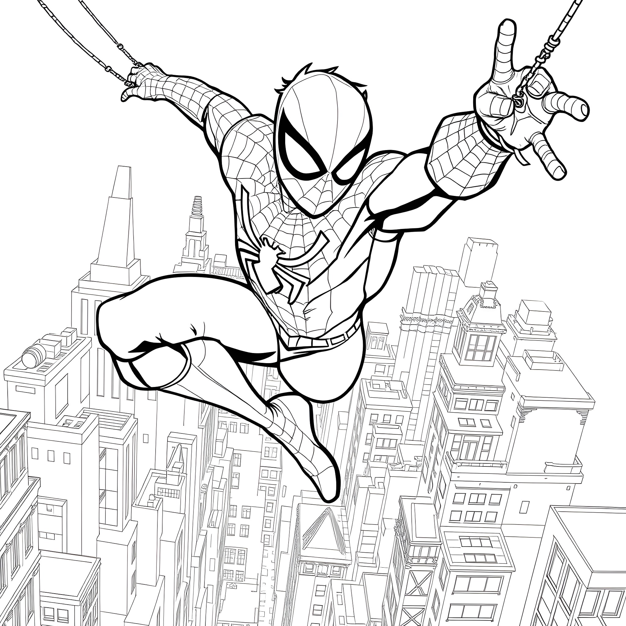 Spider-Boy soaring through the city skyline Coloring Page (free black-and-white line drawing printable PDF for all, from beginners to advanced learners, including children, teens, adults, and seniors)