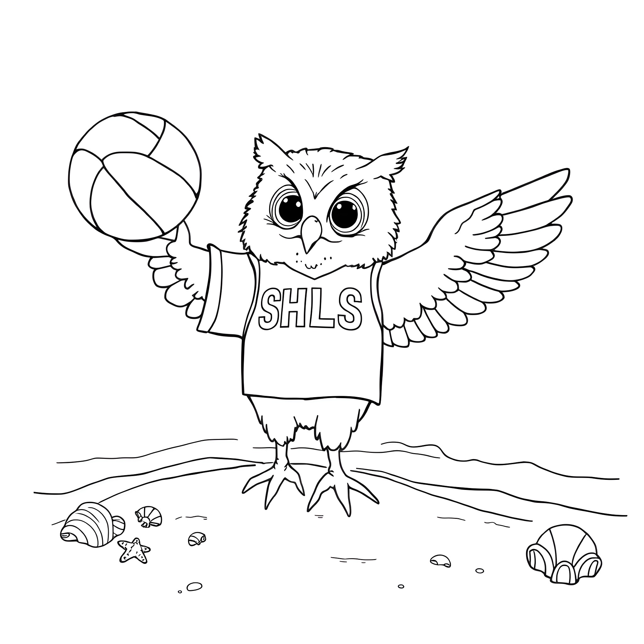 Owl Playing Volleyball with SHLS Shirt Coloring Page (free black-and-white line drawing printable PDF for all, from beginners to advanced learners, including children, teens, adults, and seniors)