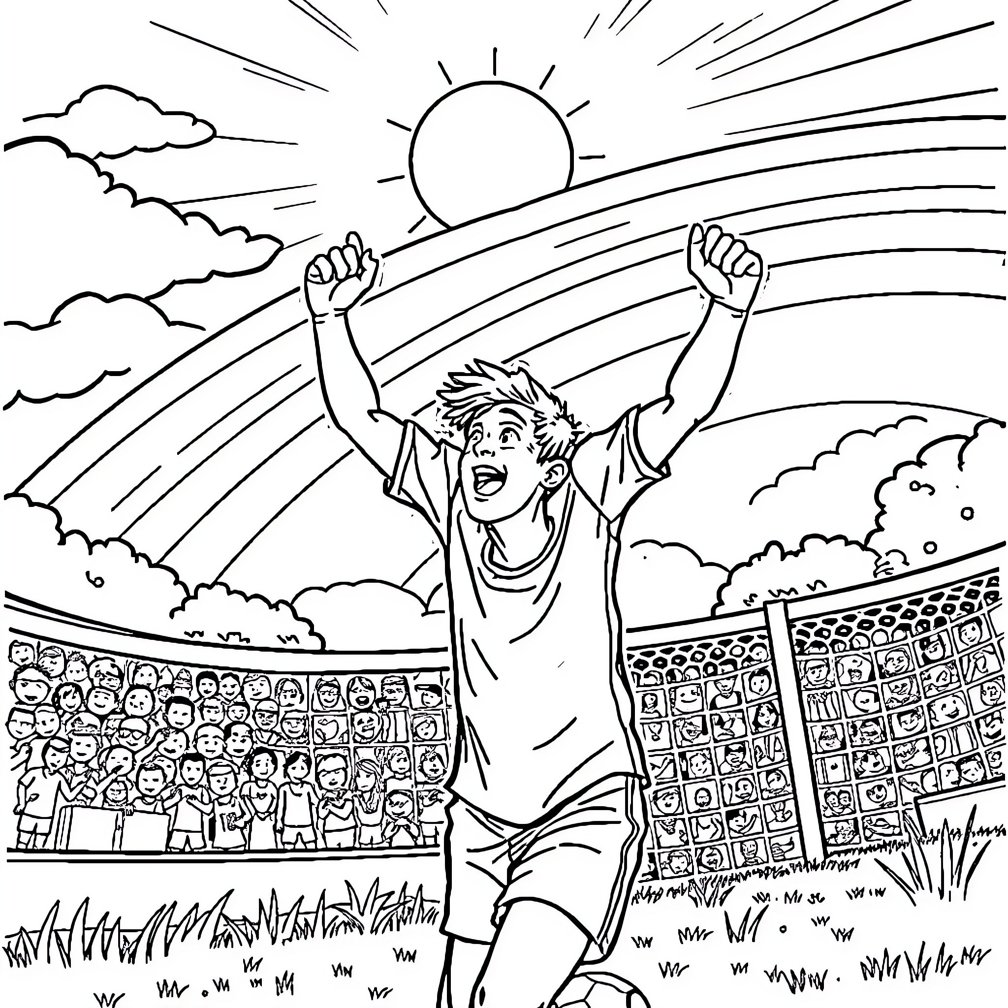 Soccer Player Celebrates Victorious Goal in Stadium Coloring Page (free black-and-white line drawing printable PDF for all, from beginners to advanced learners, including children, teens, adults, and seniors)