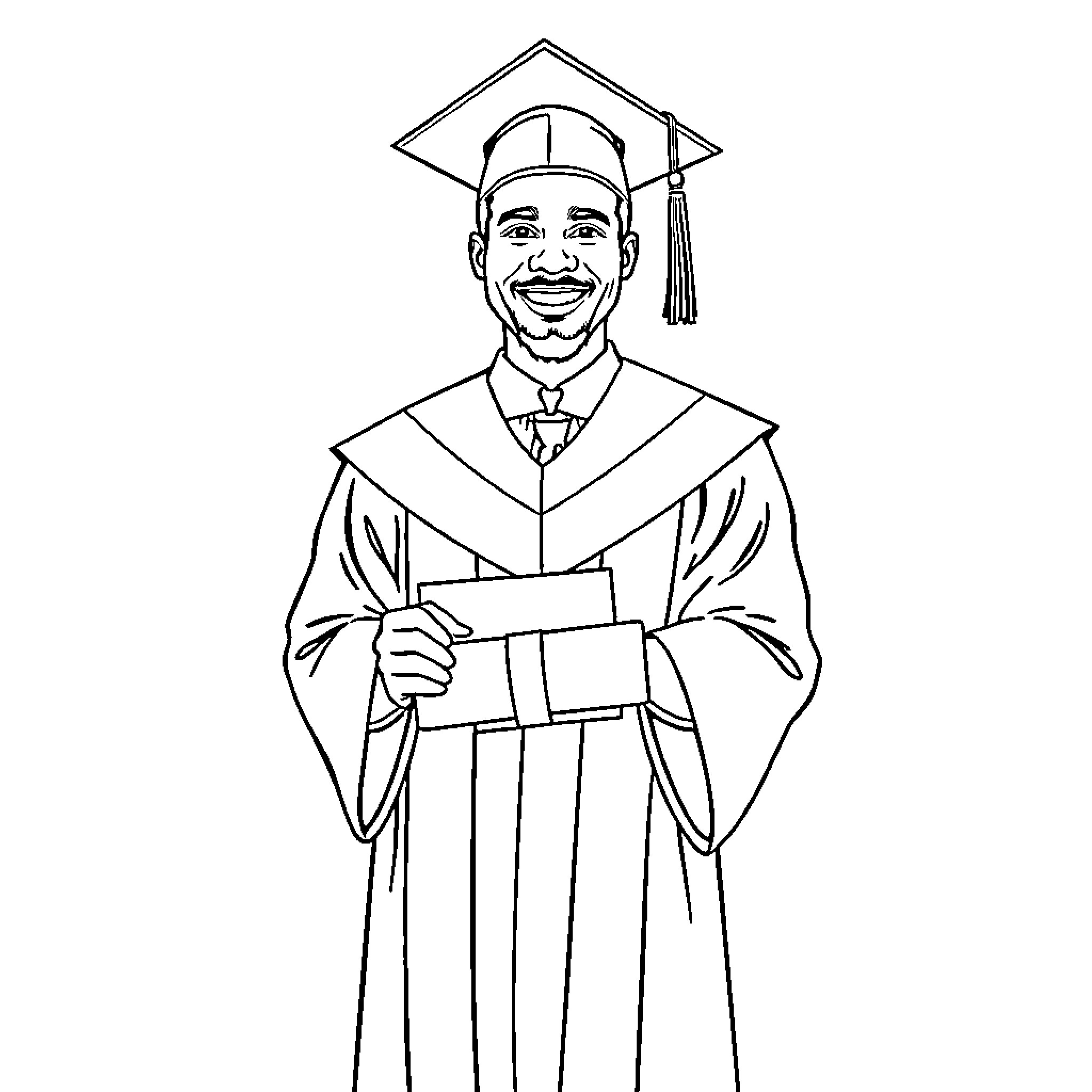 Xhosa Man Graduating with Diploma and Mortar Board Coloring Page (free black-and-white line drawing printable PDF for all, from beginners to advanced learners, including children, teens, adults, and seniors)
