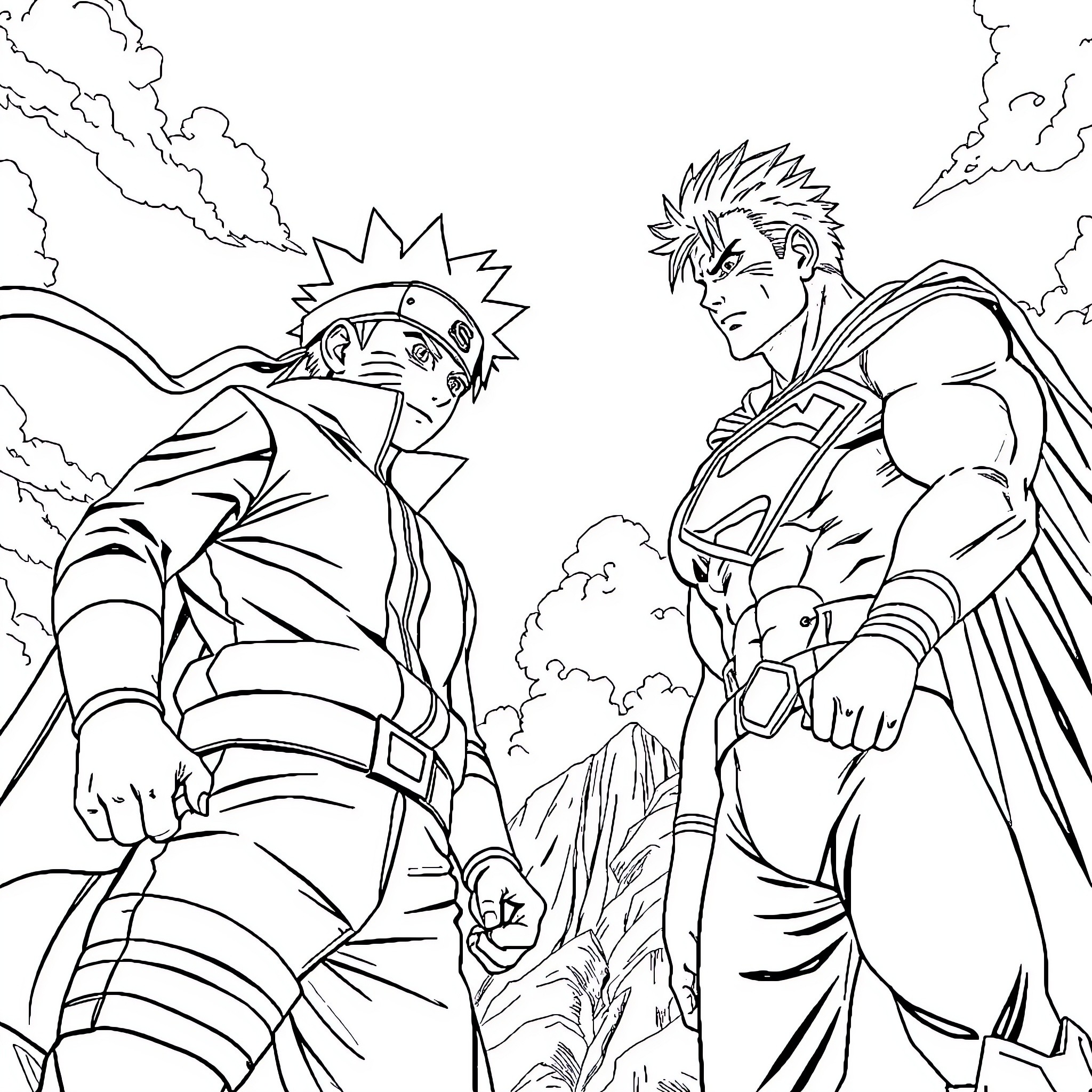Naruto and Sasuke's Epic Ninja Clash Coloring Page (free black-and-white line drawing printable PDF for all, from beginners to advanced learners, including children, teens, adults, and seniors)