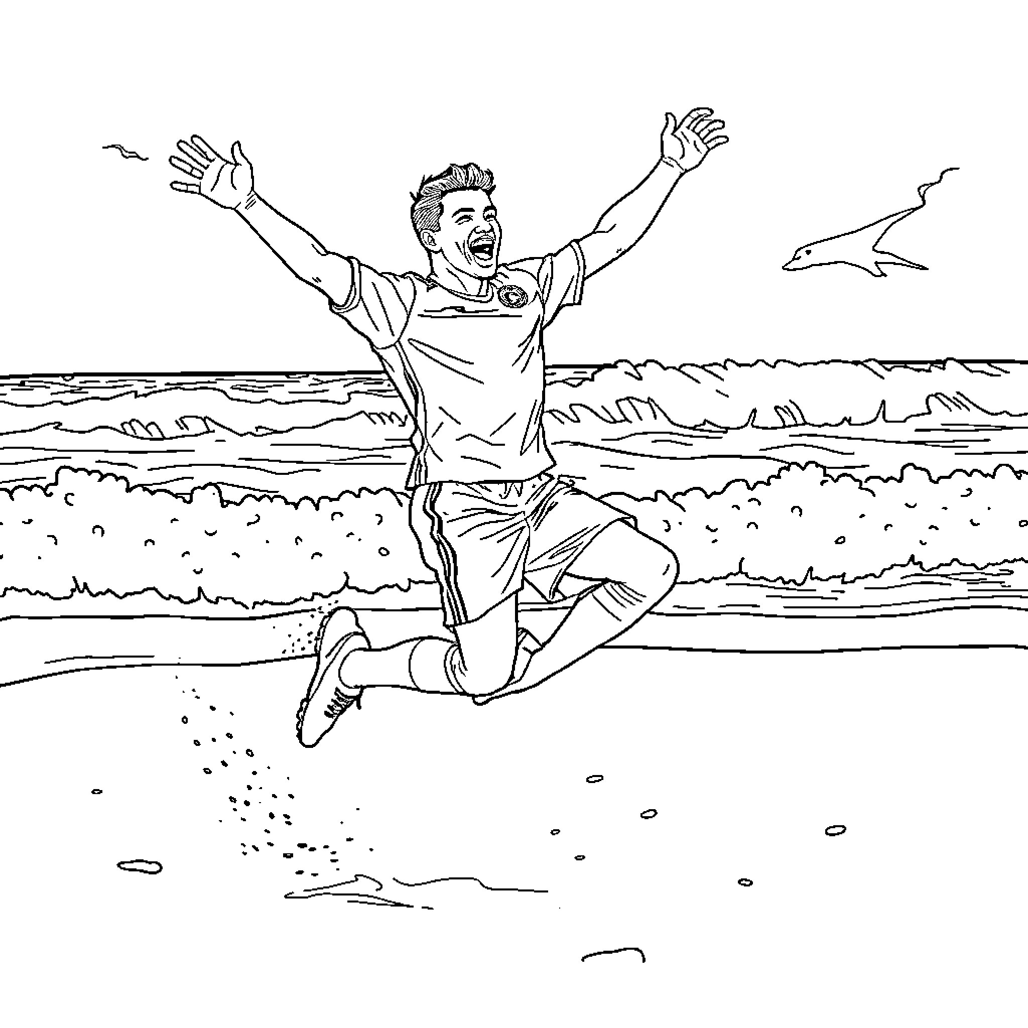 Cristiano Ronaldo celebrating victory by the beach Coloring Page (free black-and-white line drawing printable PDF for all, from beginners to advanced learners, including children, teens, adults, and seniors)